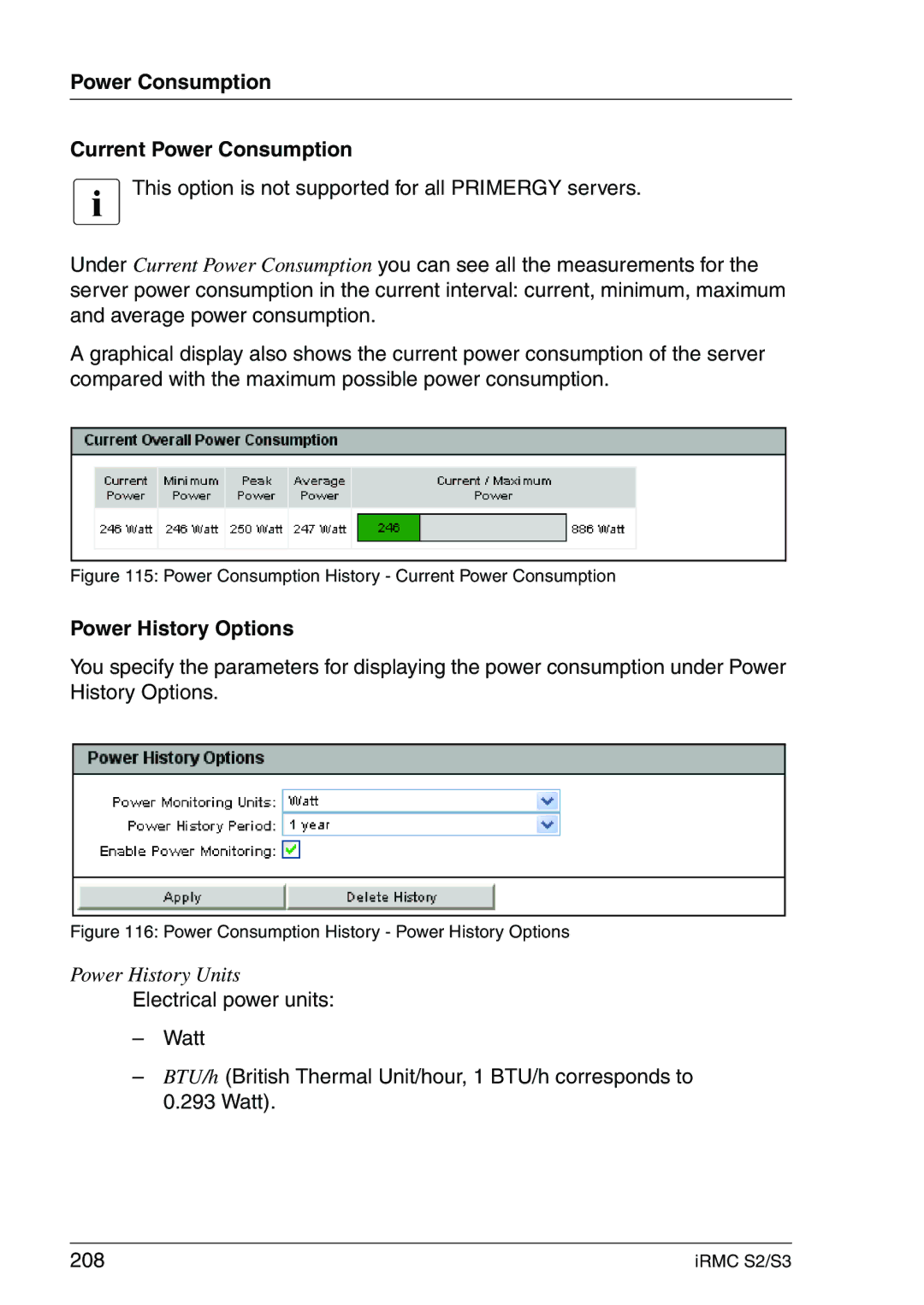 Fujitsu IRMC S2/S3 manual Power Consumption Current Power Consumption, Power History Options 