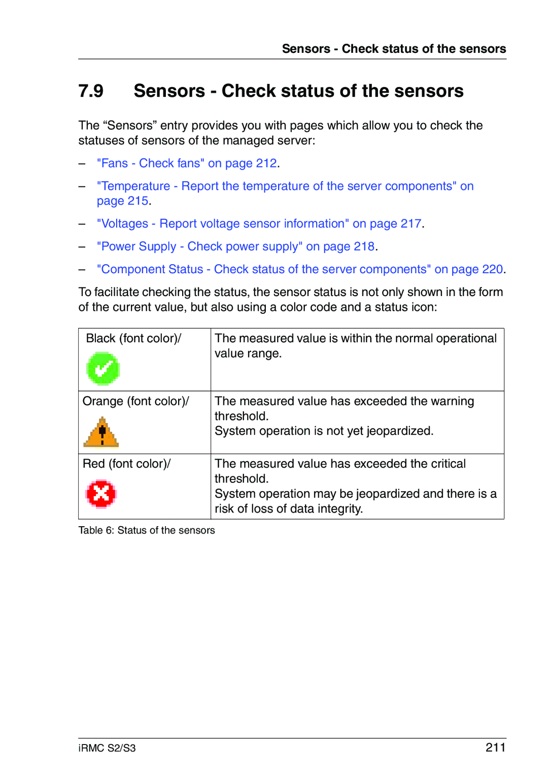 Fujitsu IRMC S2/S3 manual Sensors Check status of the sensors, Value range, Risk of loss of data integrity, 211 