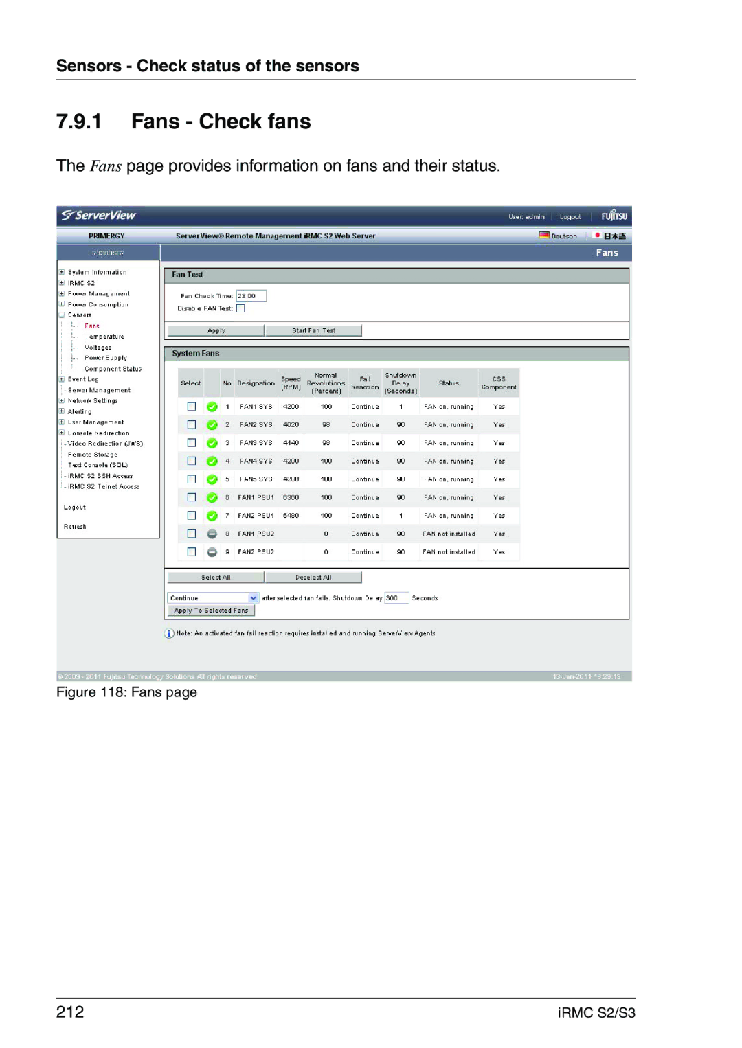 Fujitsu IRMC S2/S3 manual Fans Check fans, Fans page provides information on fans and their status, 212 