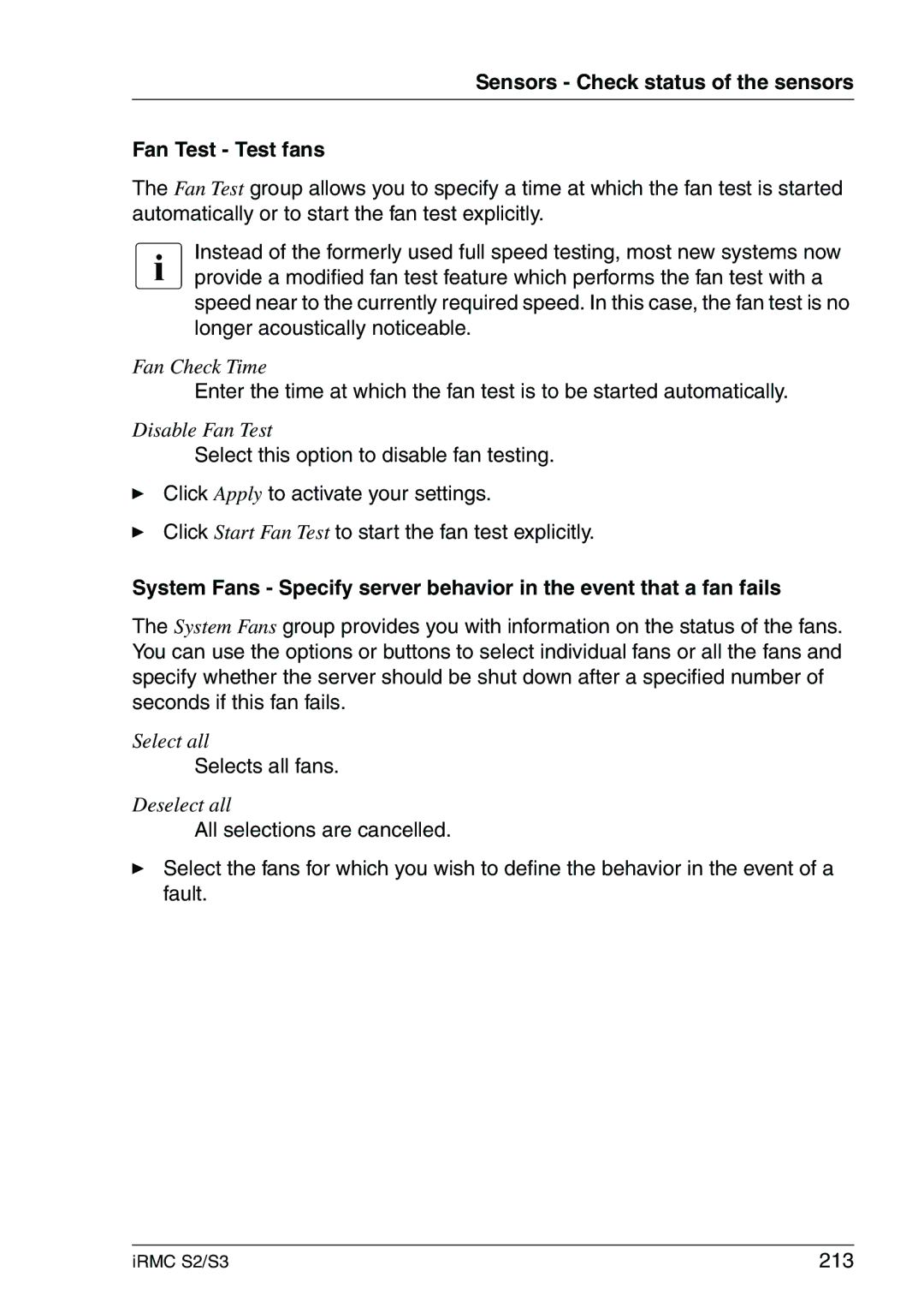 Fujitsu IRMC S2/S3 manual Sensors Check status of the sensors Fan Test Test fans, Selects all fans, 213 