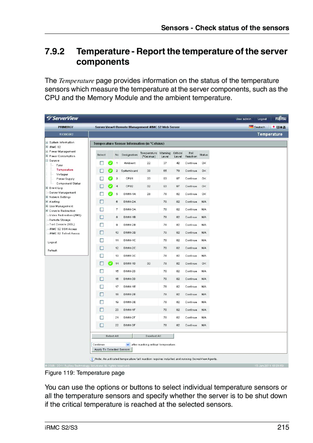 Fujitsu IRMC S2/S3 manual Temperature Report the temperature of the server components, 215 