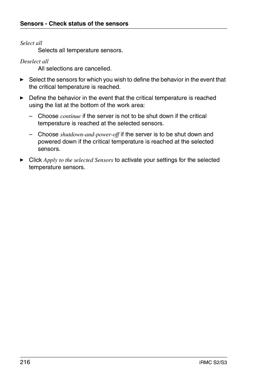 Fujitsu IRMC S2/S3 manual Selects all temperature sensors 