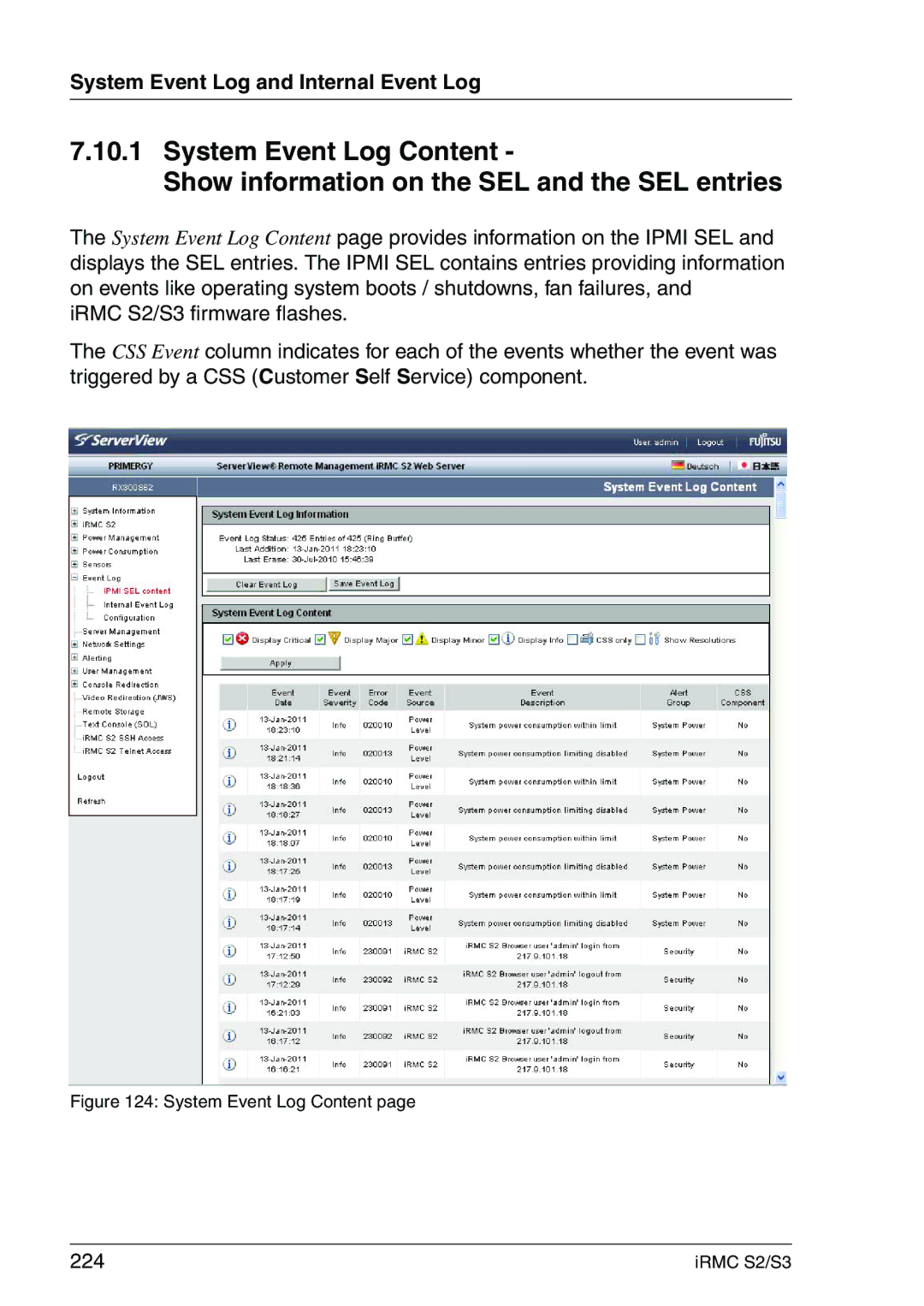 Fujitsu IRMC S2/S3 manual 224, System Event Log Content 