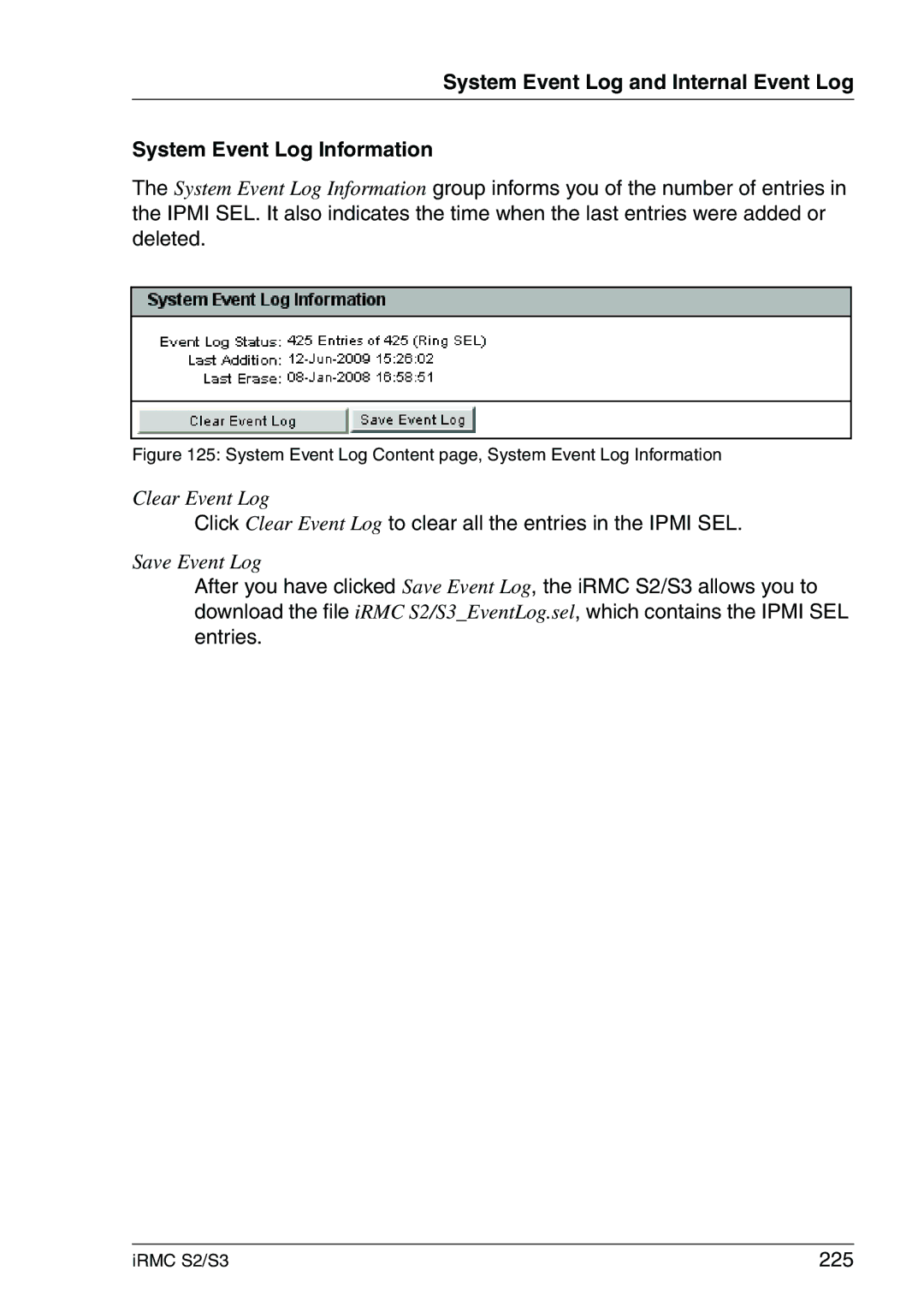 Fujitsu IRMC S2/S3 manual 225, System Event Log Content page, System Event Log Information 