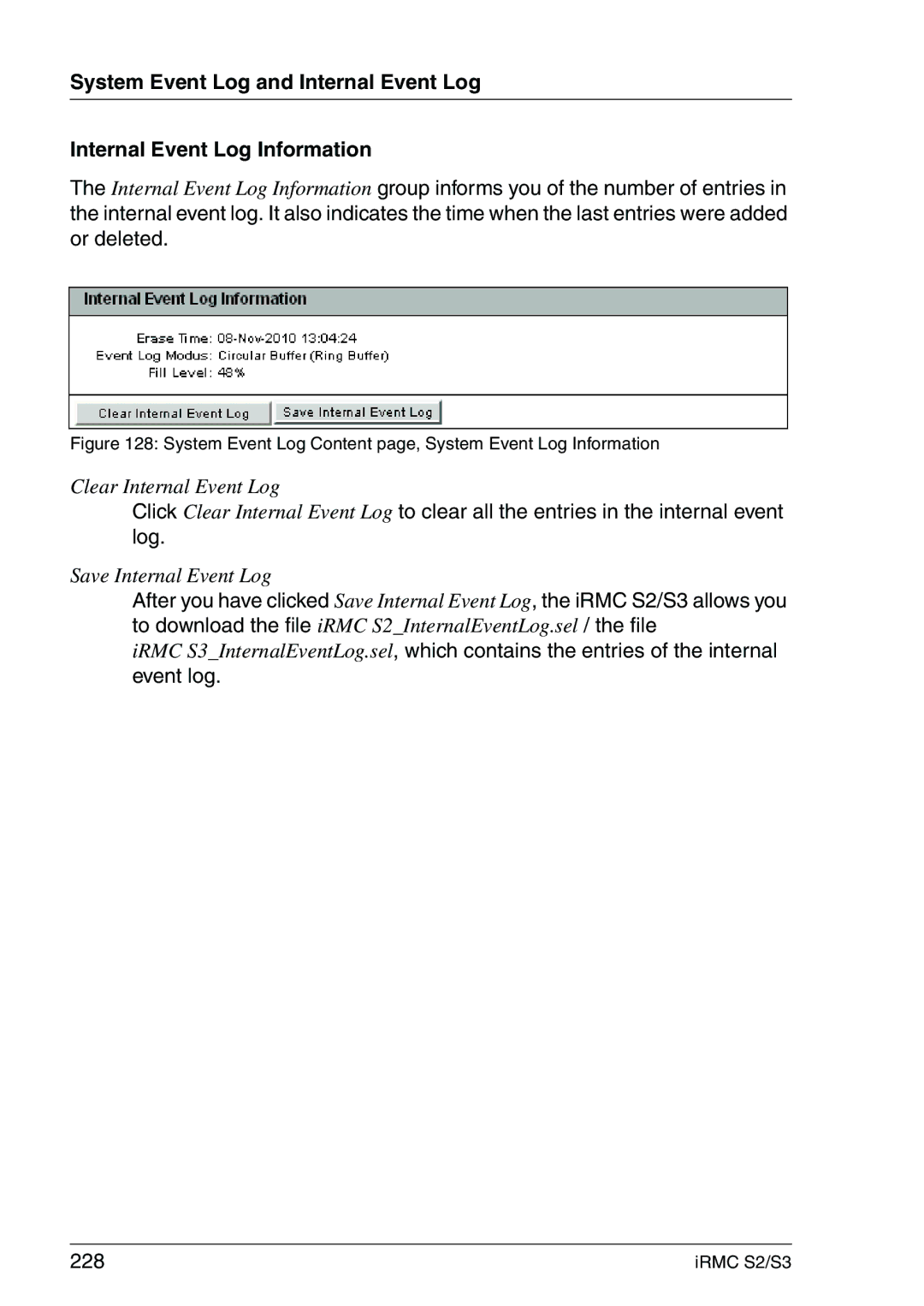 Fujitsu IRMC S2/S3 manual Clear Internal Event Log 