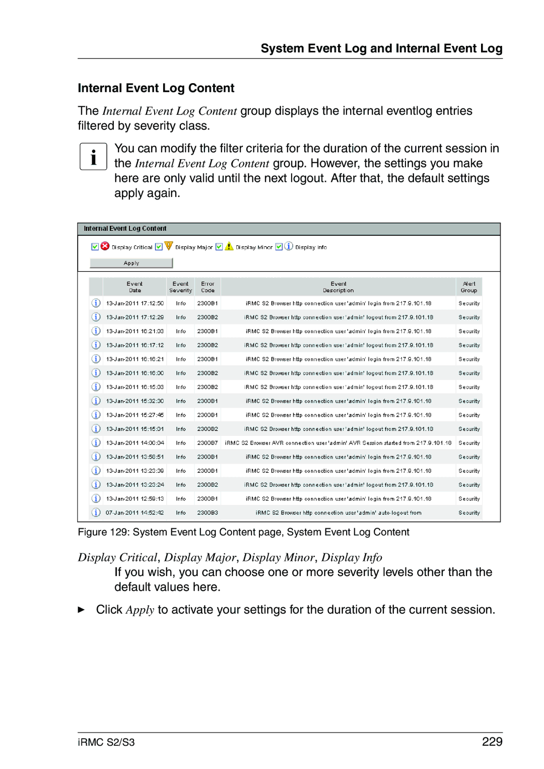 Fujitsu IRMC S2/S3 manual 229, System Event Log Content page, System Event Log Content 