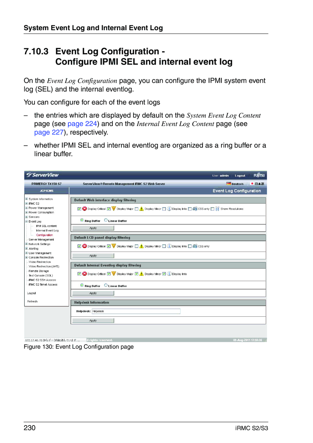 Fujitsu IRMC S2/S3 manual 230, Event Log Configuration 