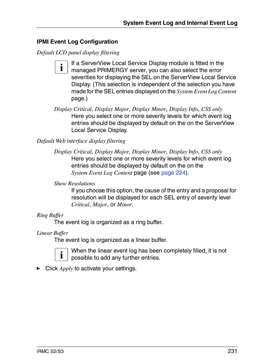 Fujitsu IRMC S2/S3 manual Event log is organized as a ring buffer, 231 