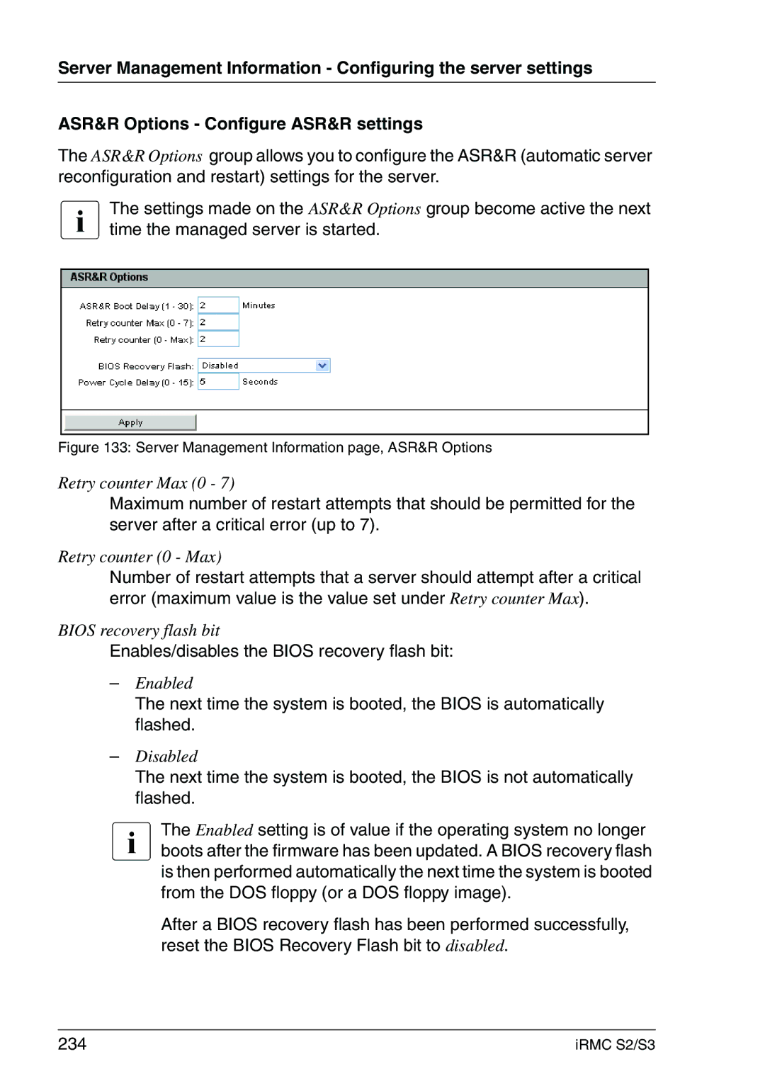 Fujitsu IRMC S2/S3 manual Retry counter 0 Max, Enables/disables the Bios recovery flash bit 