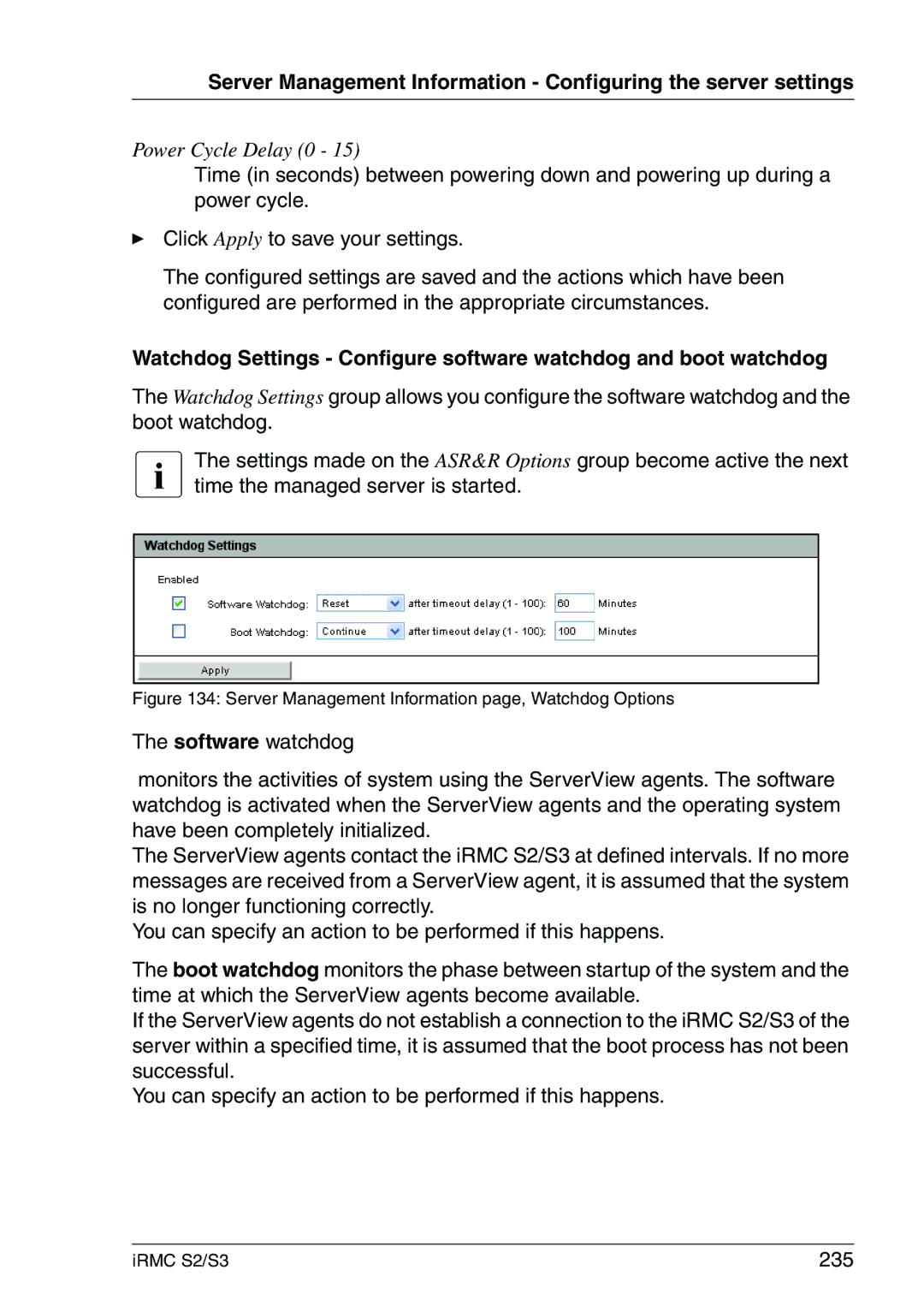 Fujitsu IRMC S2/S3 manual 235, Server Management Information page, Watchdog Options 