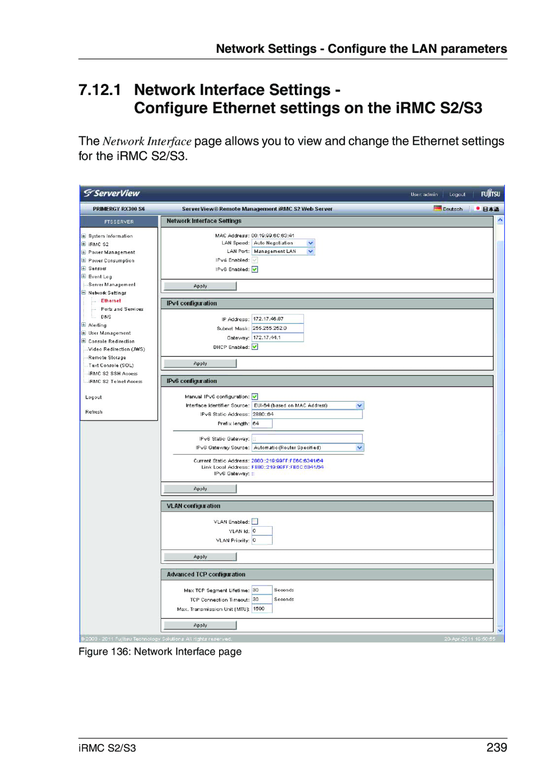 Fujitsu manual 239, Network Interface IRMC S2/S3 