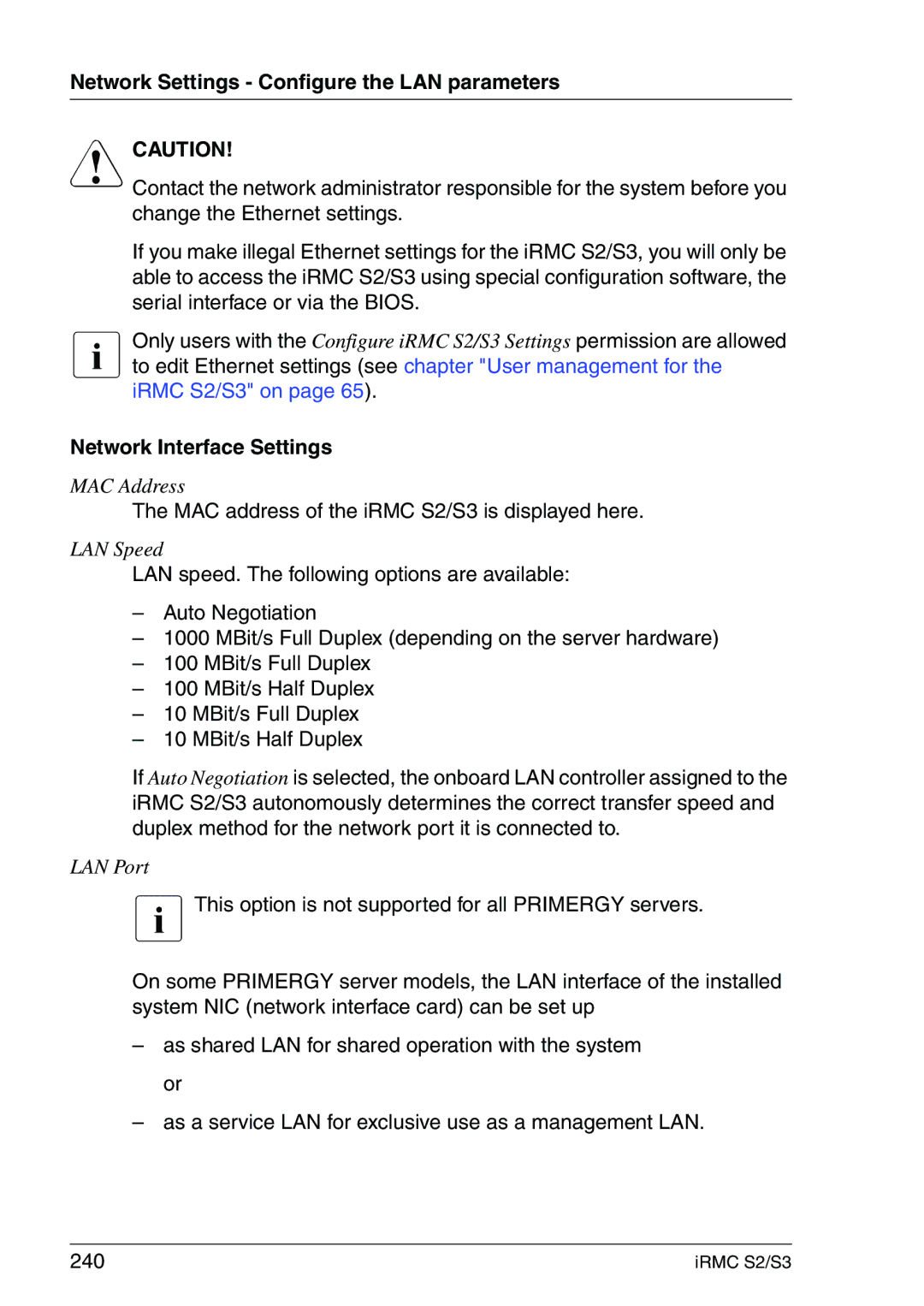 Fujitsu IRMC S2/S3 manual Network Interface Settings, MAC address of the iRMC S2/S3 is displayed here 