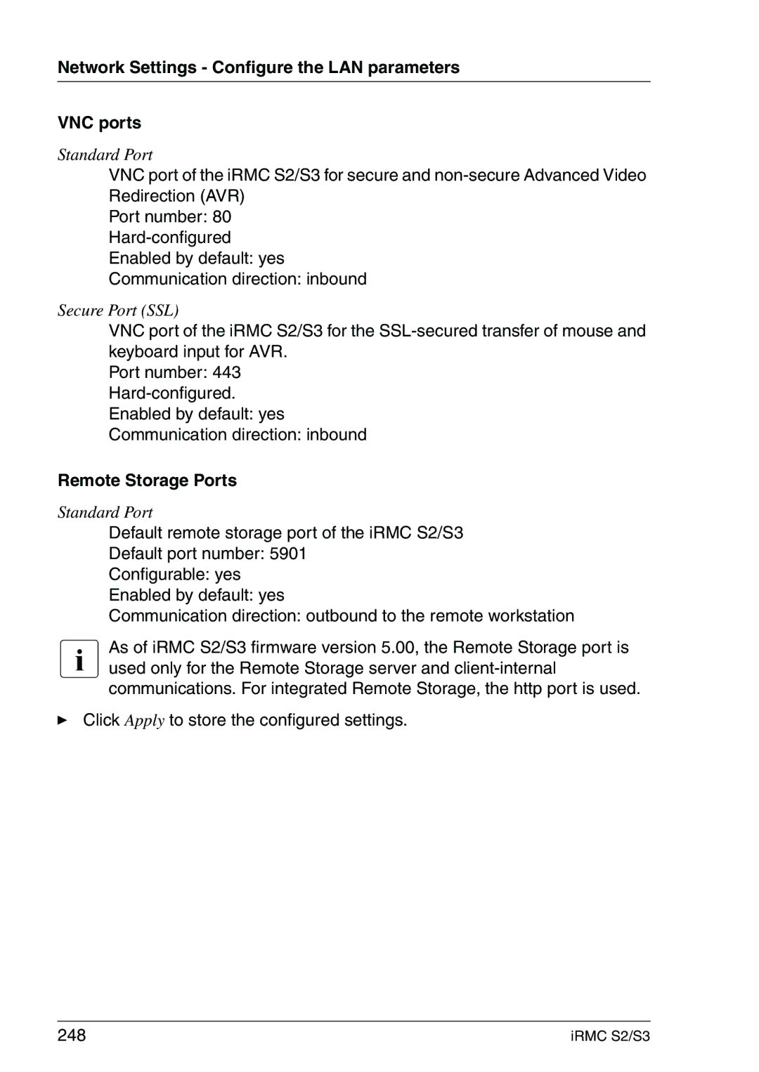 Fujitsu IRMC S2/S3 manual Network Settings Configure the LAN parameters VNC ports, Remote Storage Ports 