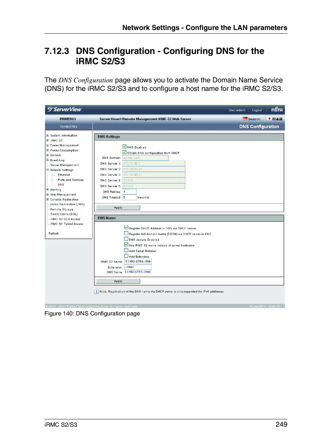 Fujitsu IRMC S2/S3 manual DNS Configuration Configuring DNS for the iRMC S2/S3, 249 