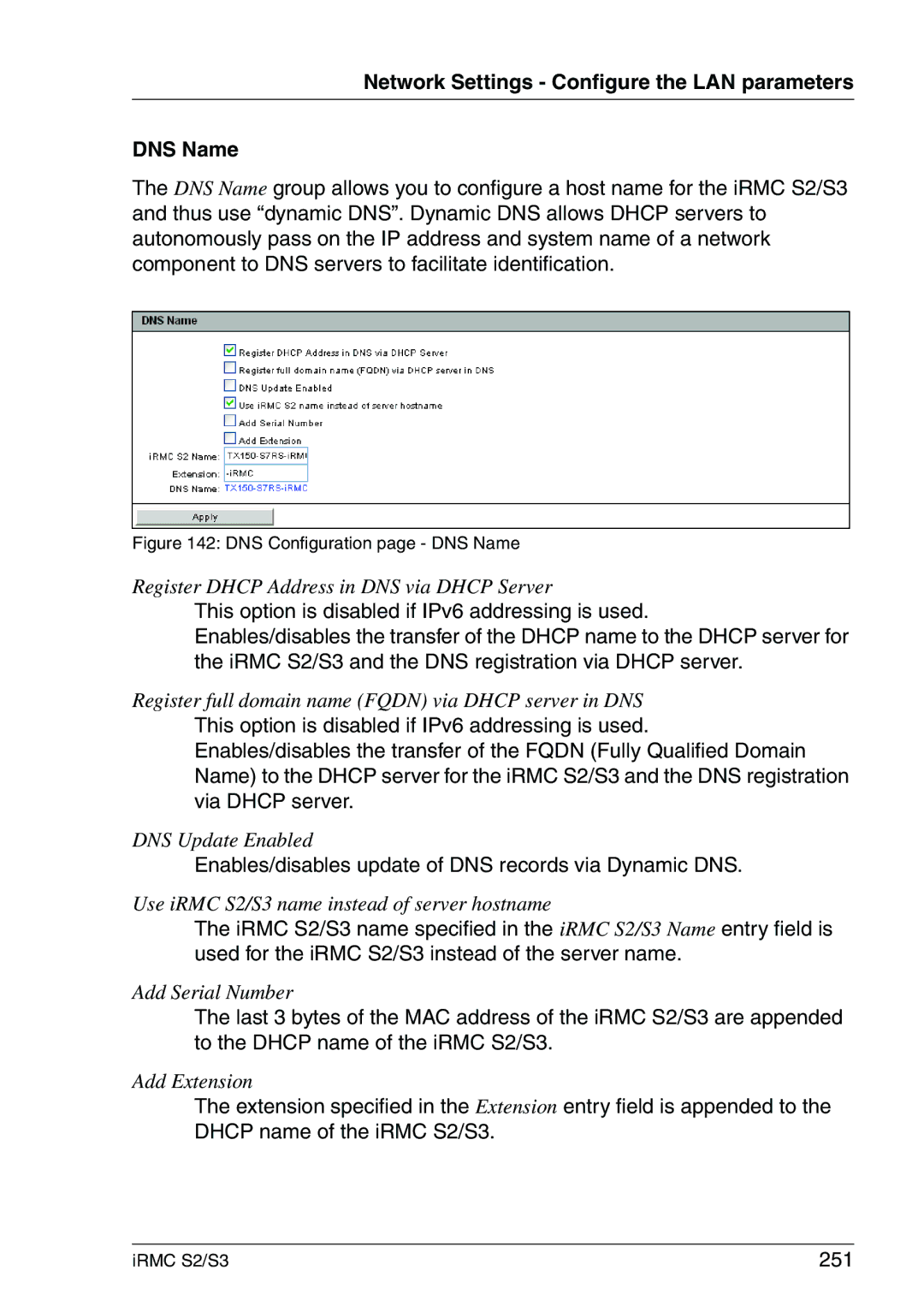 Fujitsu IRMC S2/S3 manual Network Settings Configure the LAN parameters DNS Name, 251 