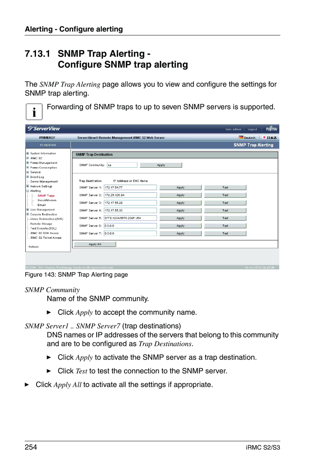 Fujitsu IRMC S2/S3 manual Snmp Trap Alerting Configure Snmp trap alerting 