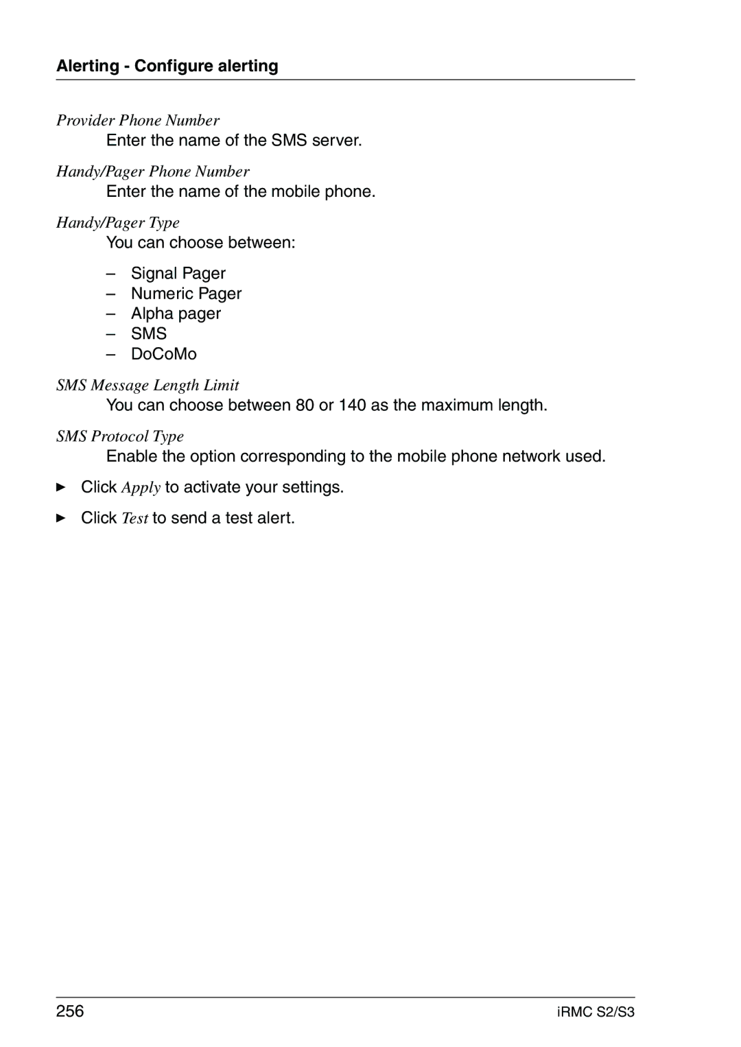 Fujitsu IRMC S2/S3 manual Enter the name of the SMS server, Enter the name of the mobile phone, DoCoMo 