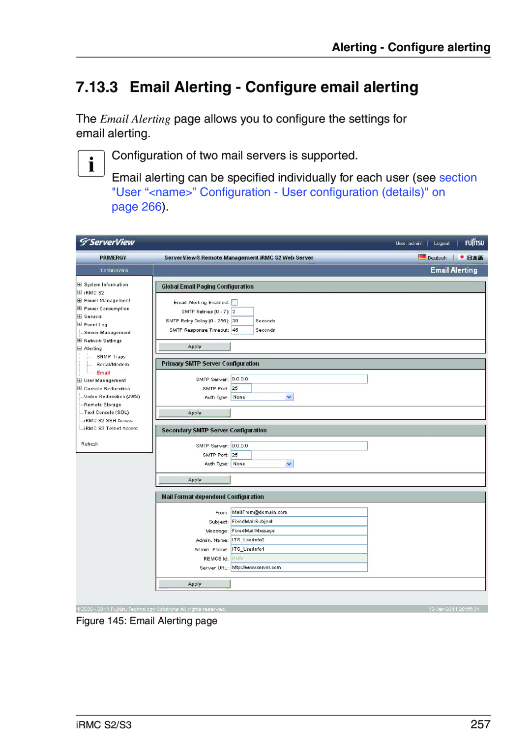 Fujitsu IRMC S2/S3 manual Email Alerting Configure email alerting, 257 