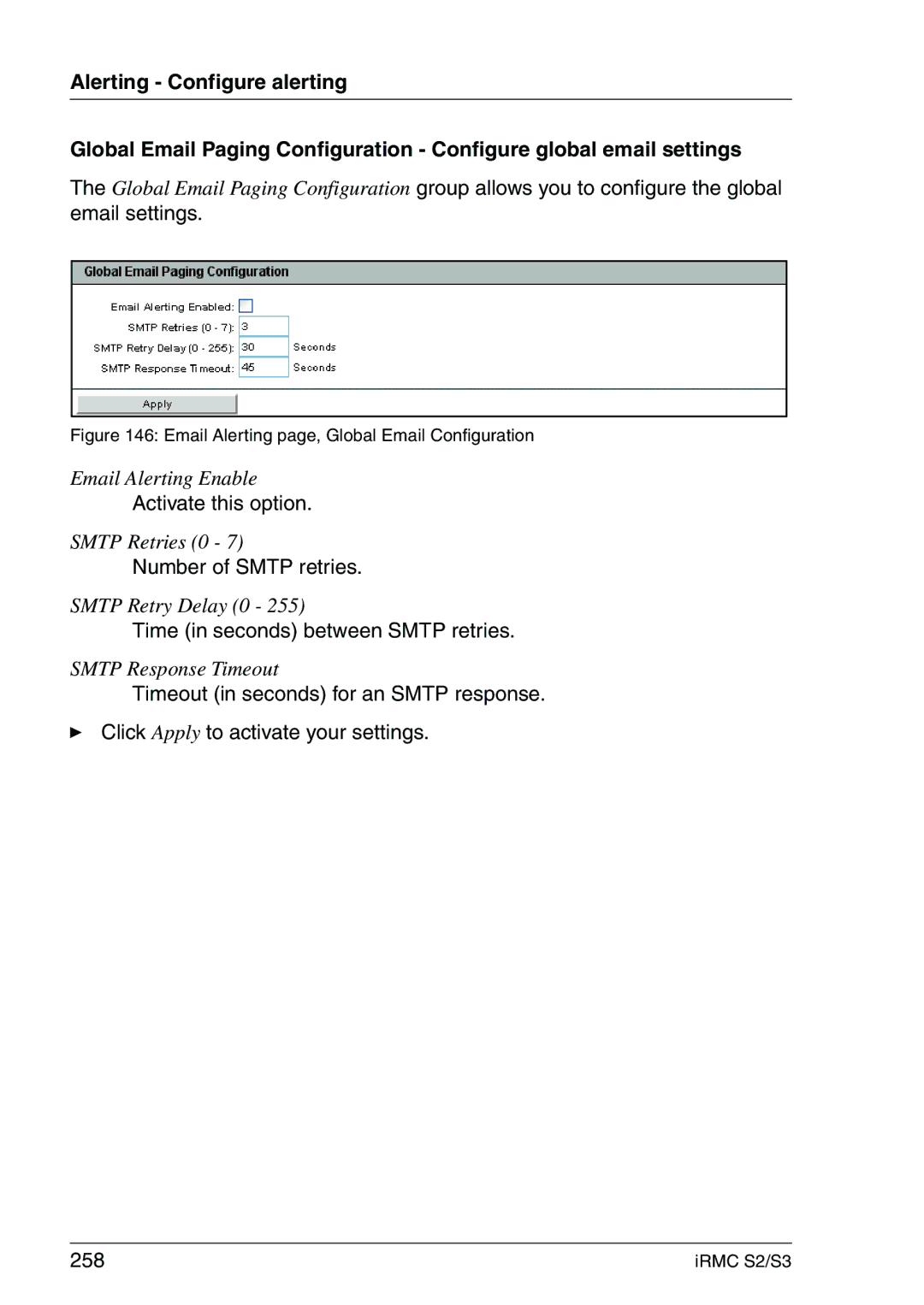 Fujitsu IRMC S2/S3 manual Activate this option, Number of Smtp retries, Time in seconds between Smtp retries 