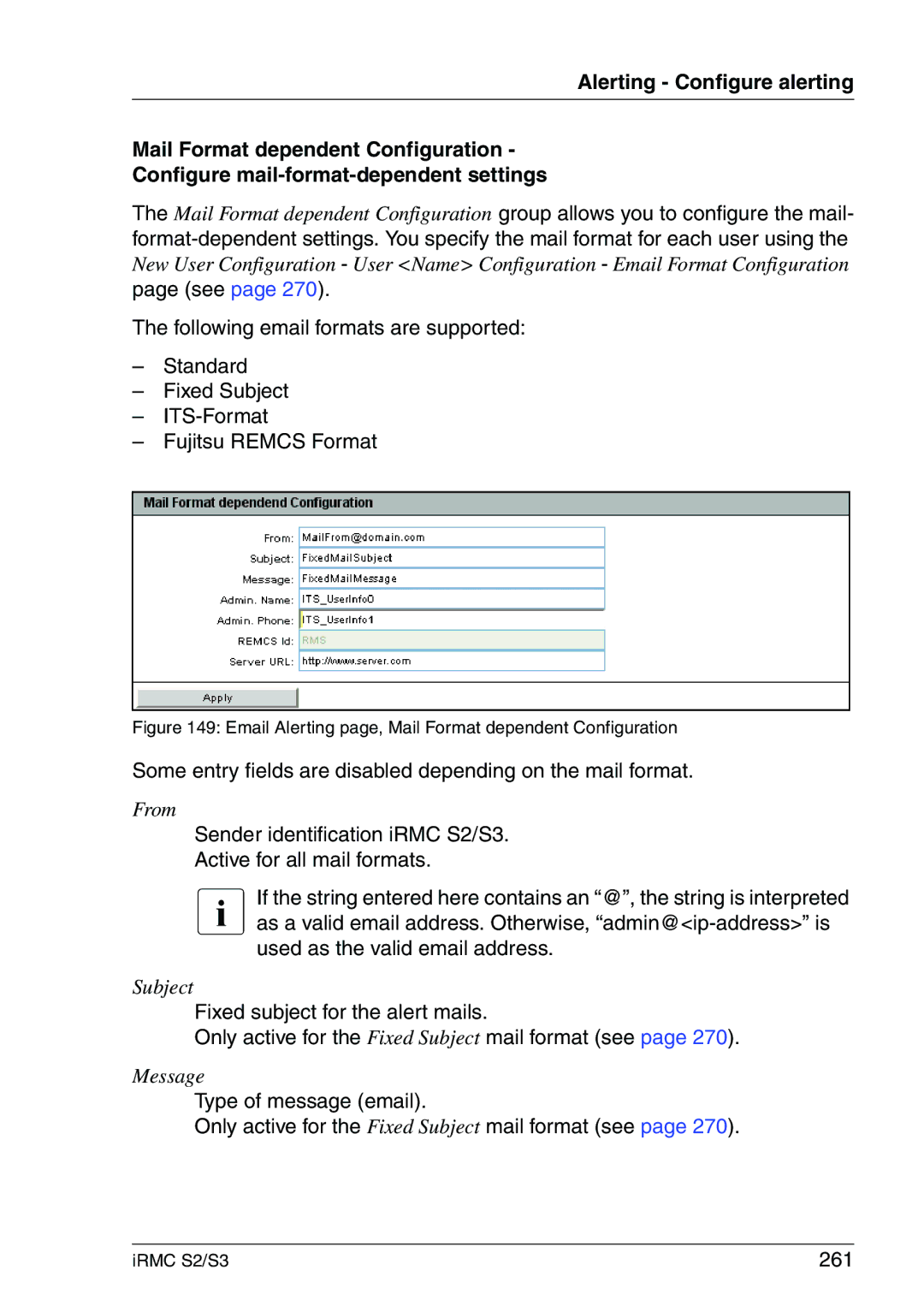 Fujitsu IRMC S2/S3 manual Some entry fields are disabled depending on the mail format, 261 