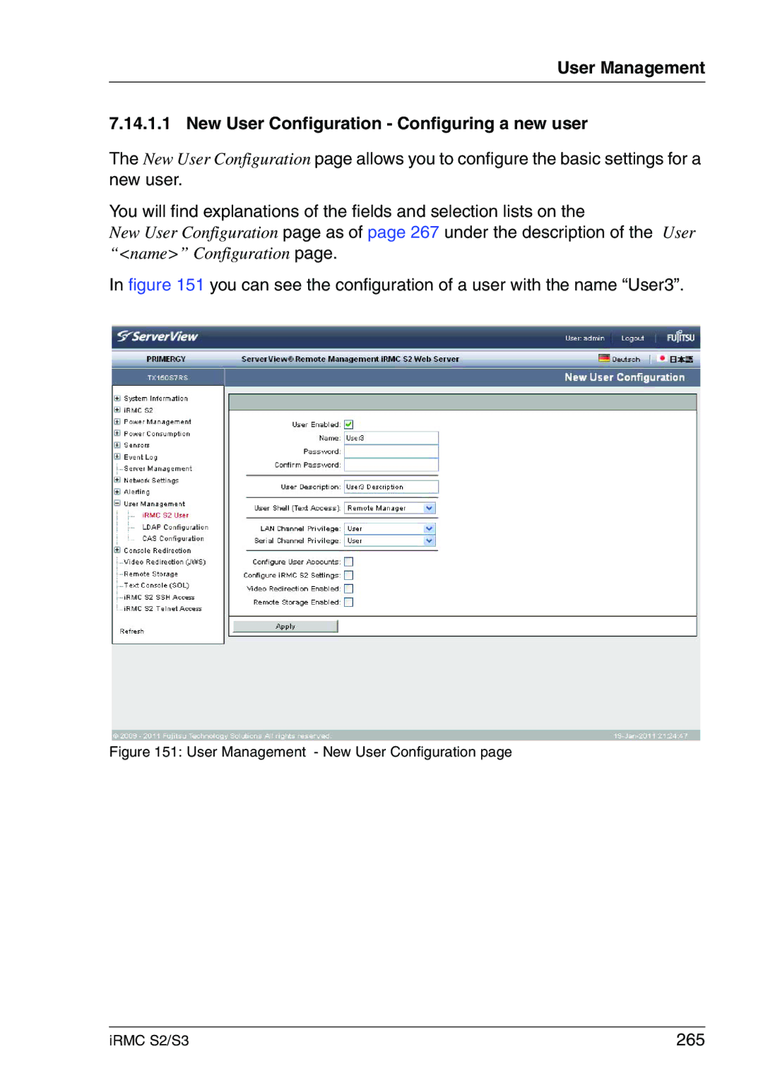 Fujitsu IRMC S2/S3 manual You can see the configuration of a user with the name User3, 265 