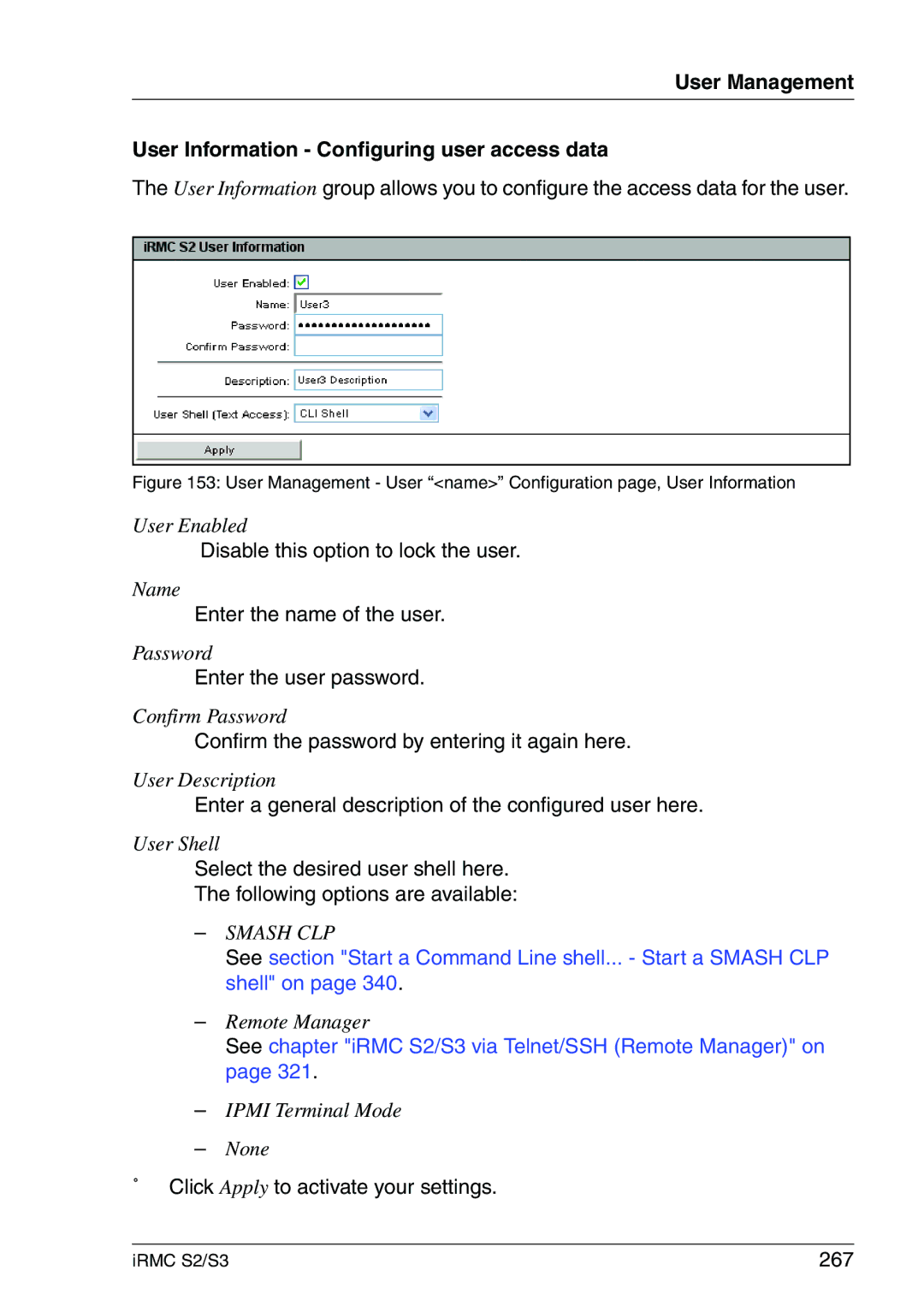 Fujitsu IRMC S2/S3 manual Disable this option to lock the user, Enter the name of the user, Enter the user password, 267 