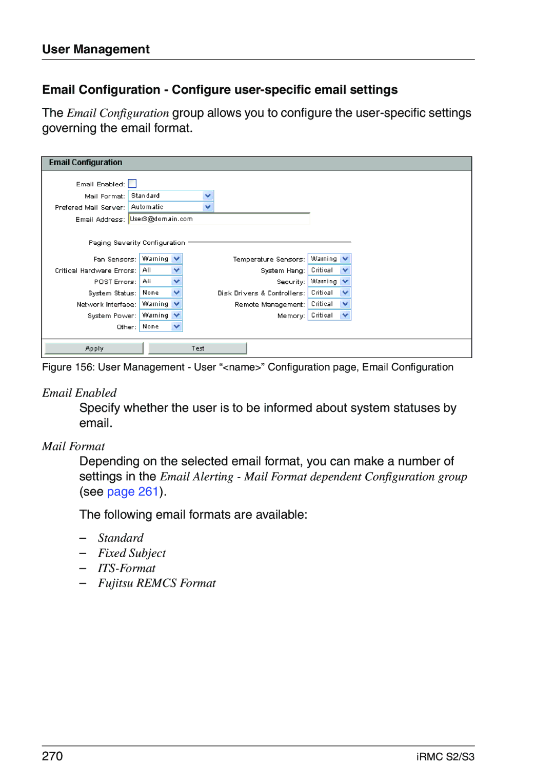 Fujitsu IRMC S2/S3 manual Following email formats are available, 270 