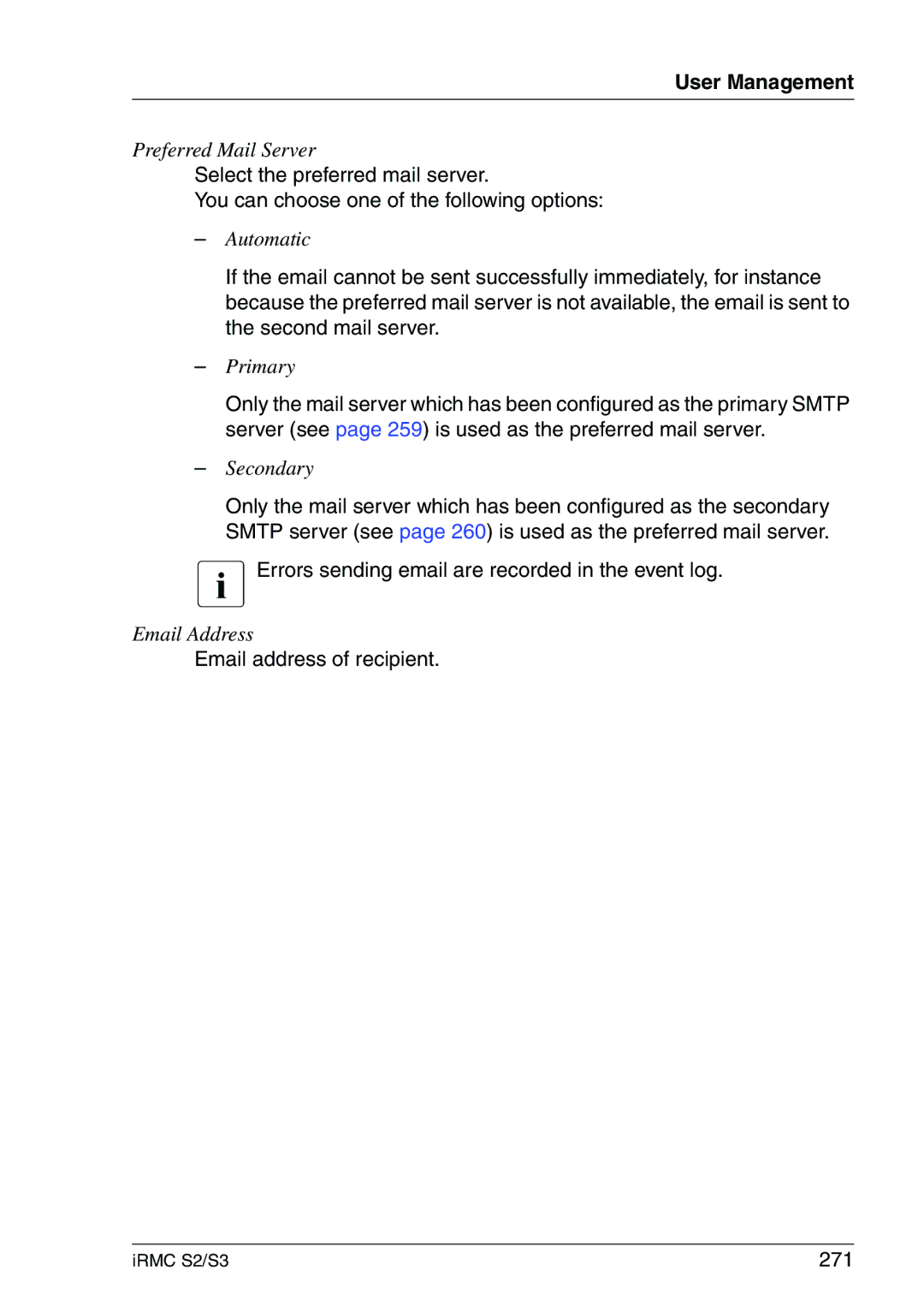 Fujitsu IRMC S2/S3 manual Errors sending email are recorded in the event log, Email address of recipient, 271 