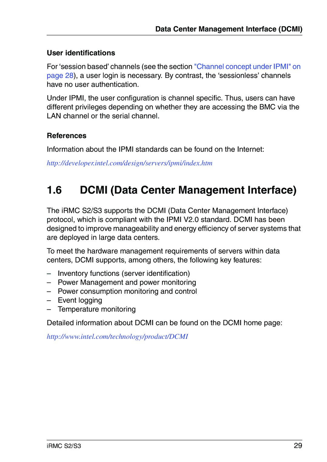 Fujitsu IRMC S2/S3 manual Dcmi Data Center Management Interface, Data Center Management Interface Dcmi User identifications 