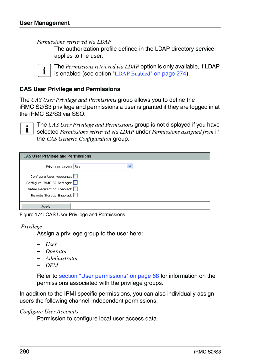 Fujitsu IRMC S2/S3 manual CAS User Privilege and Permissions, Assign a privilege group to the user here 