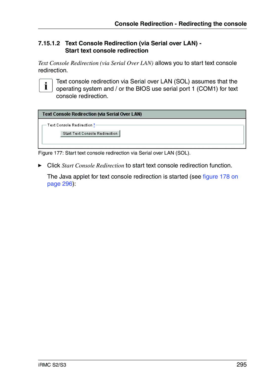 Fujitsu IRMC S2/S3 manual 295, Start text console redirection via Serial over LAN SOL 