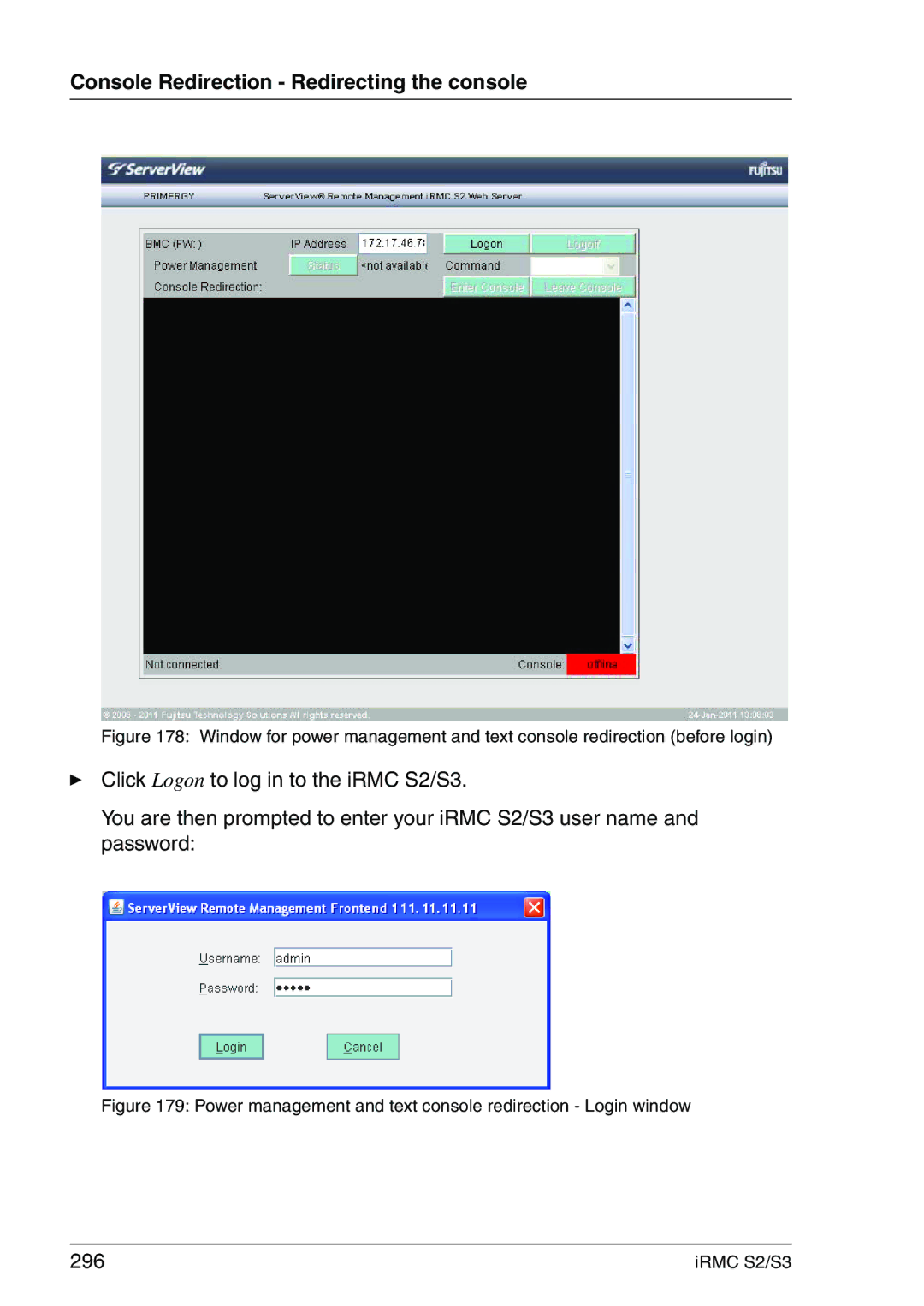 Fujitsu IRMC S2/S3 manual 296, Power management and text console redirection Login window 