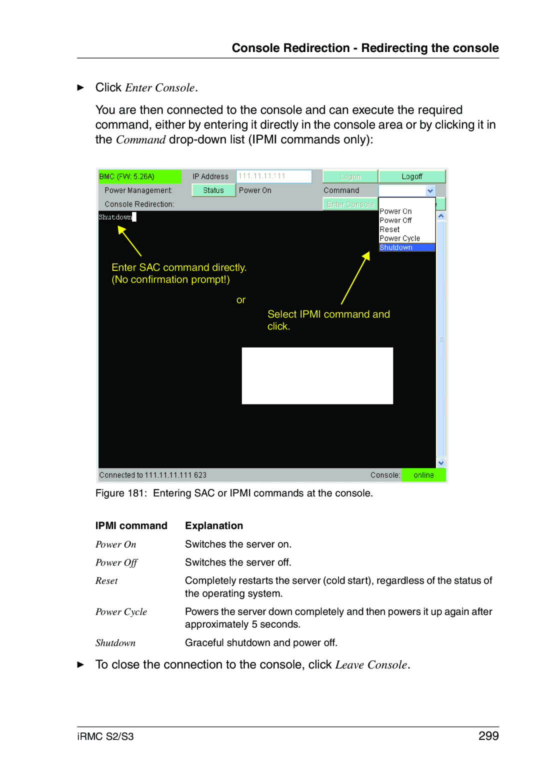 Fujitsu IRMC S2/S3 manual To close the connection to the console, click Leave Console, 299 