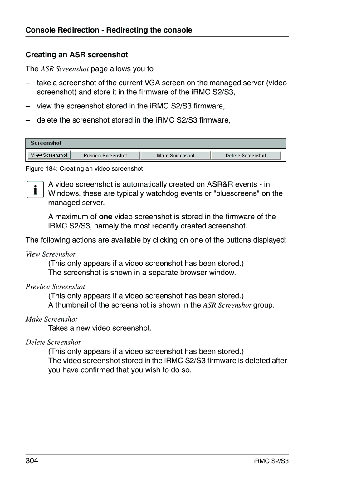 Fujitsu IRMC S2/S3 manual View Screenshot, Takes a new video screenshot 