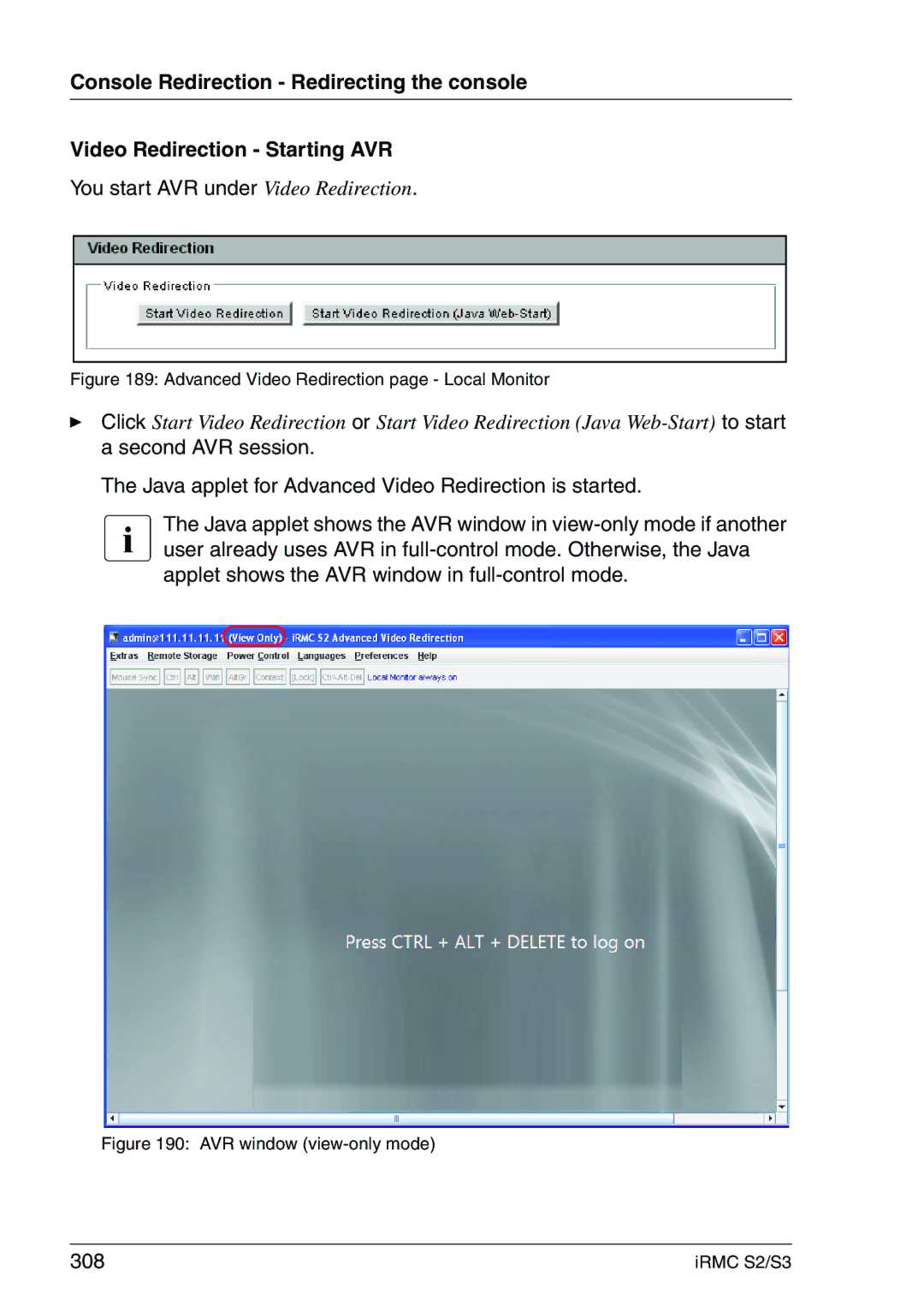 Fujitsu IRMC S2/S3 manual You start AVR under Video Redirection, 308 