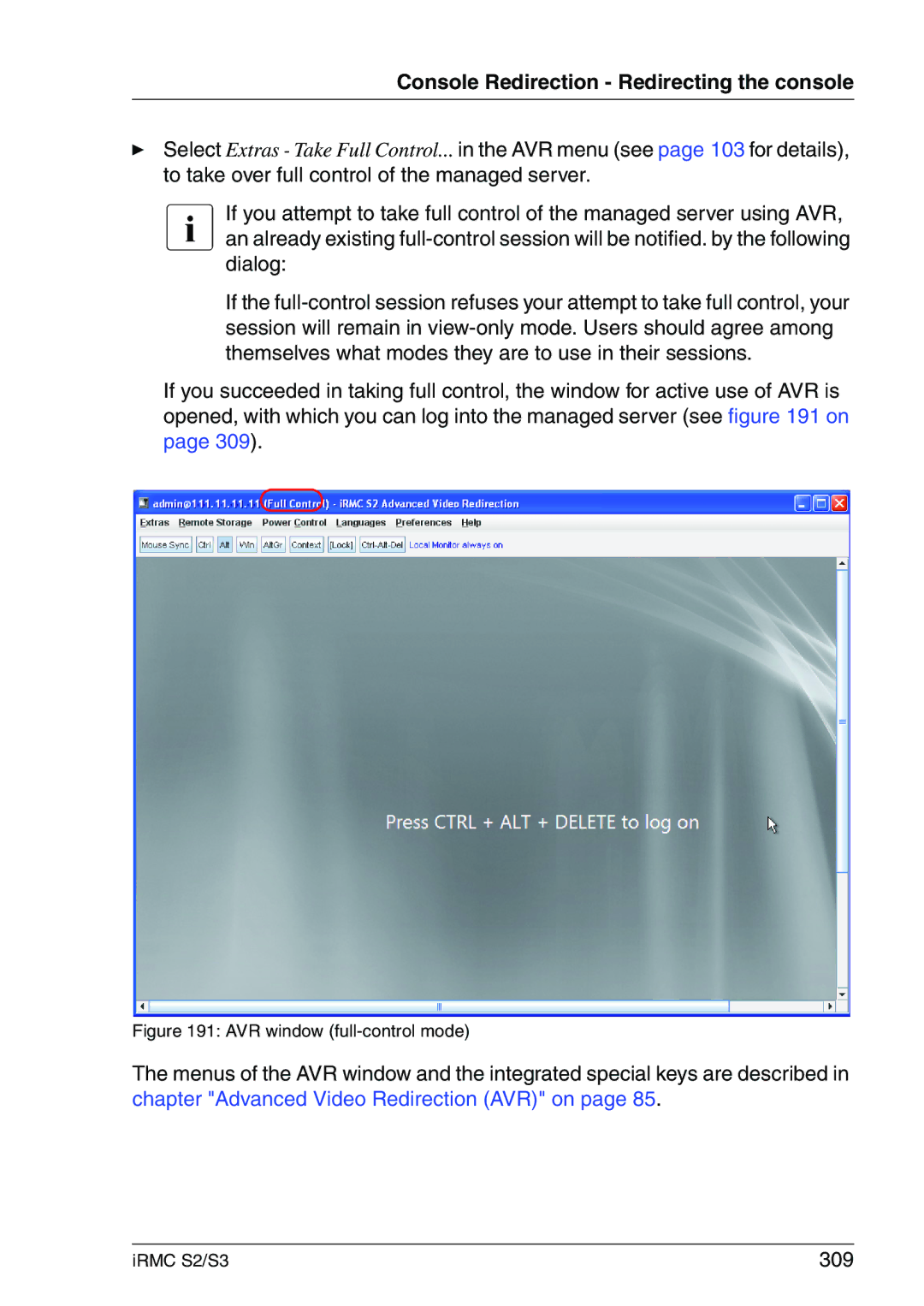 Fujitsu IRMC S2/S3 manual 309, AVR window full-control mode 