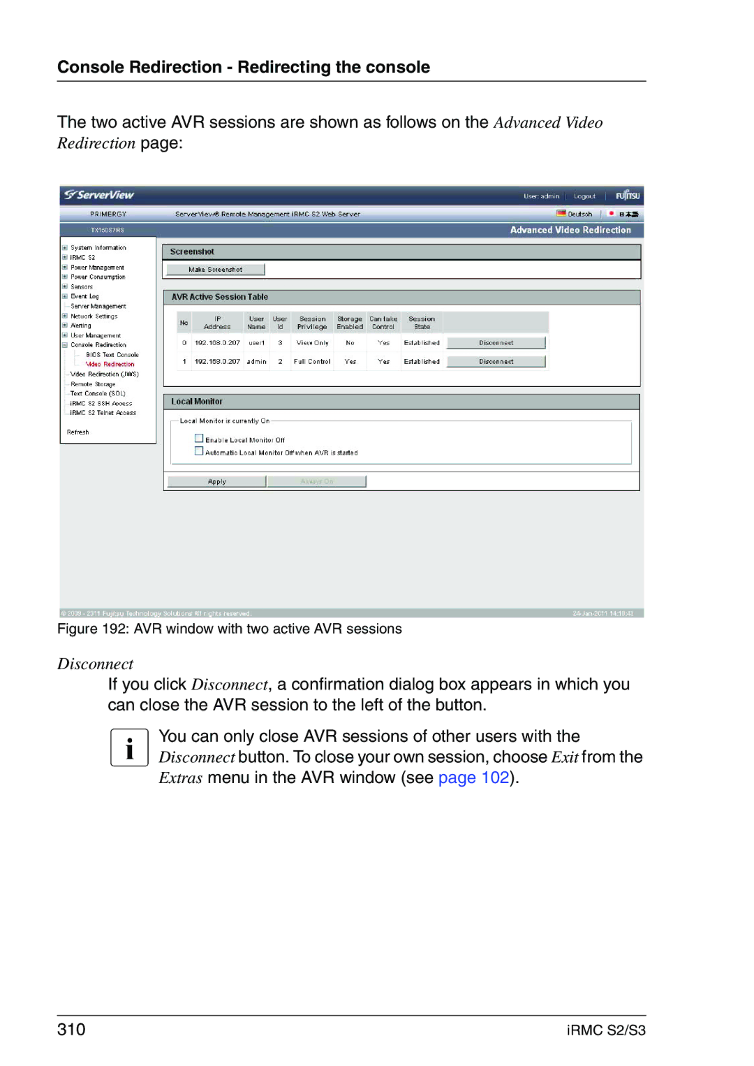 Fujitsu IRMC S2/S3 manual AVR window with two active AVR sessions 