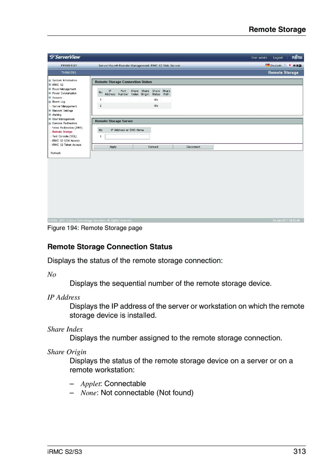 Fujitsu IRMC S2/S3 manual Remote Storage Connection Status, 313 