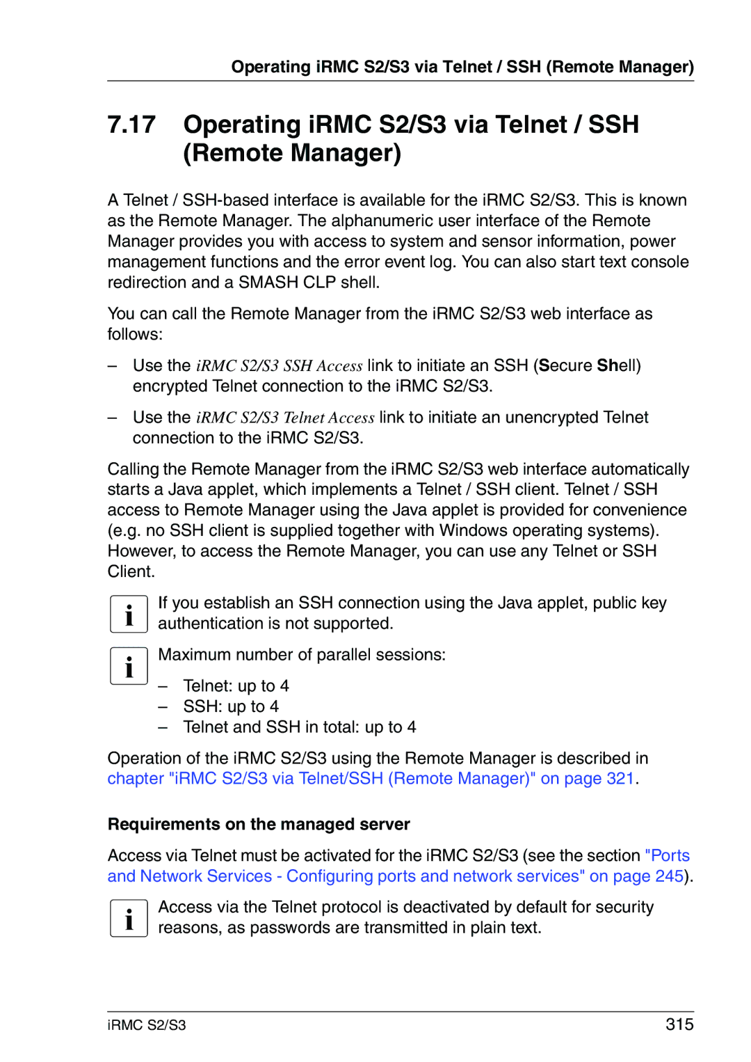 Fujitsu IRMC S2/S3 manual Operating iRMC S2/S3 via Telnet / SSH Remote Manager, Requirements on the managed server, 315 