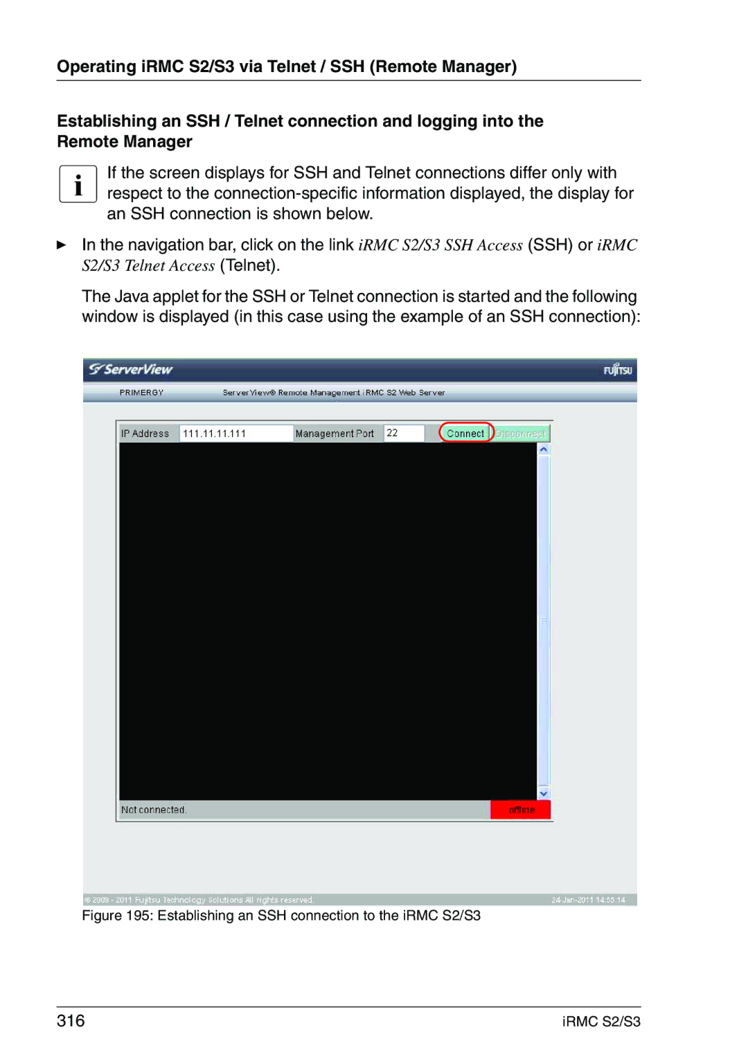 Fujitsu IRMC S2/S3 manual 316, Establishing an SSH connection to the iRMC S2/S3 