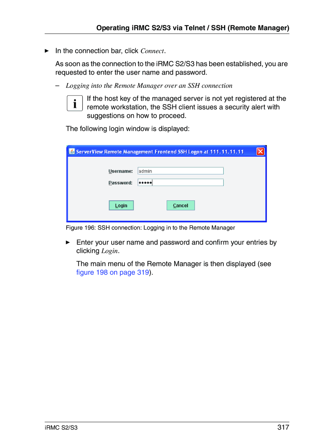 Fujitsu IRMC S2/S3 manual 317, SSH connection Logging in to the Remote Manager 