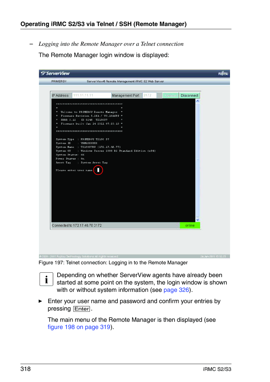 Fujitsu IRMC S2/S3 manual Remote Manager login window is displayed, Telnet connection Logging in to the Remote Manager 