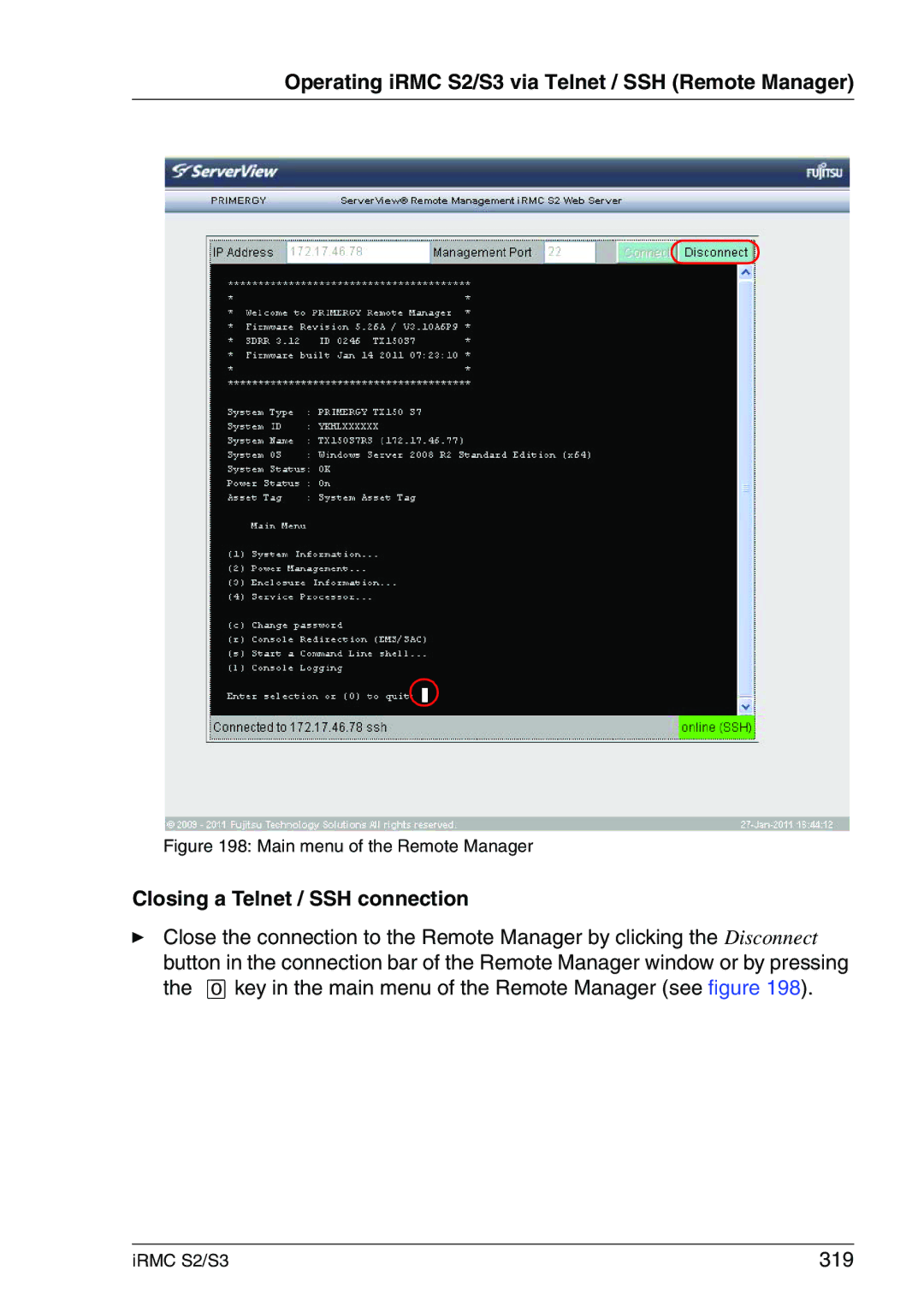 Fujitsu IRMC S2/S3 manual Closing a Telnet / SSH connection, 319 