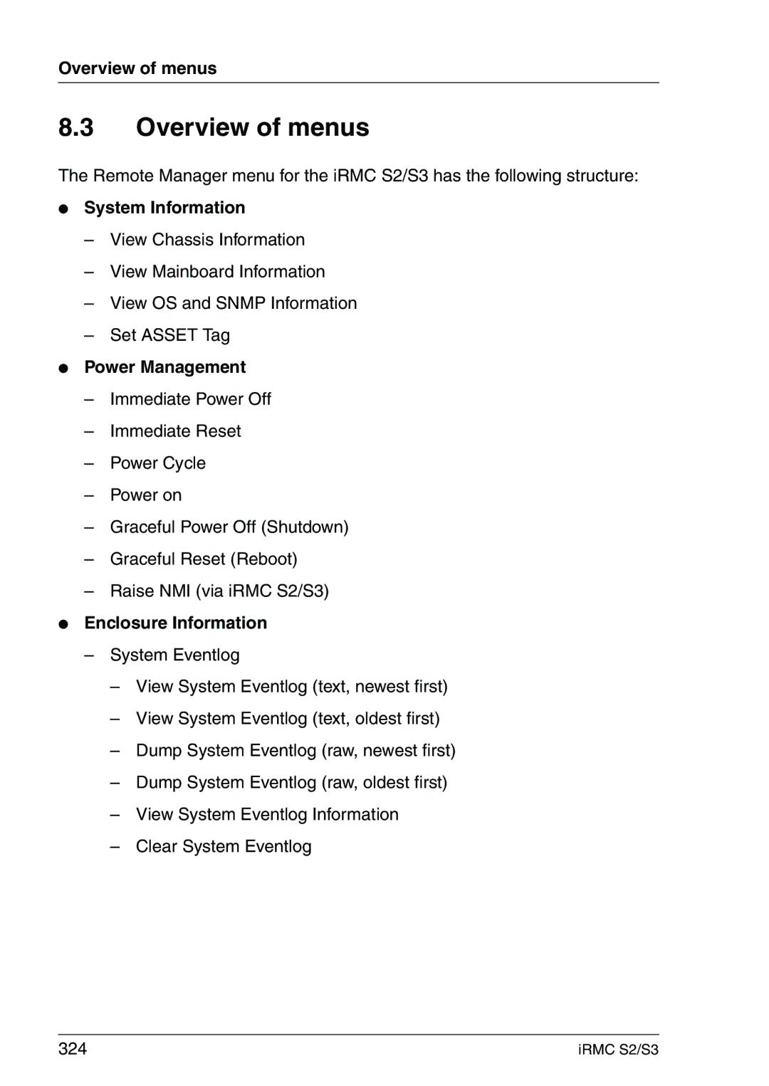 Fujitsu IRMC S2/S3 manual Overview of menus, System Information, Enclosure Information 