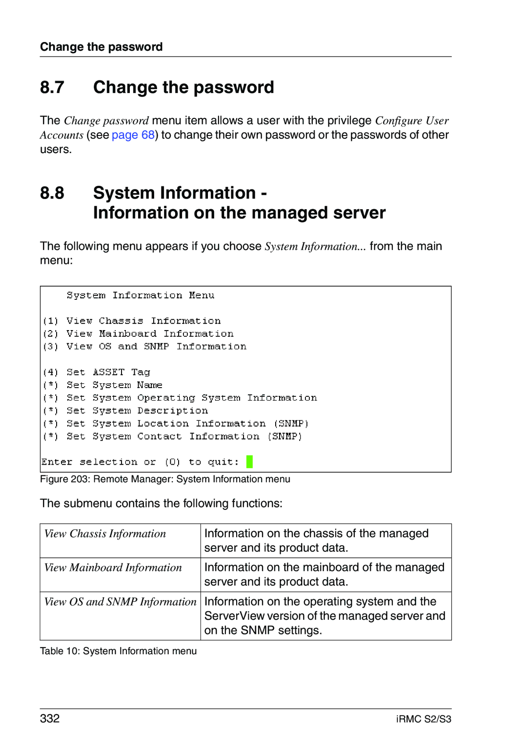 Fujitsu IRMC S2/S3 manual Change the password, System Information Information on the managed server 