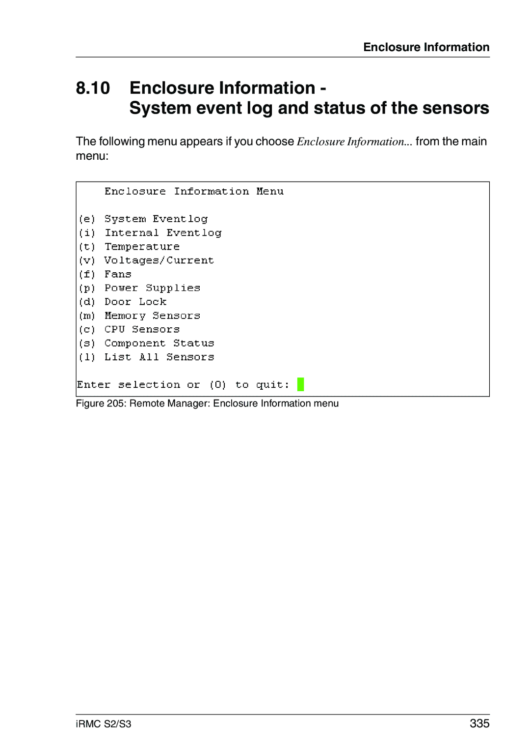 Fujitsu manual 335, Remote Manager Enclosure Information menu IRMC S2/S3 