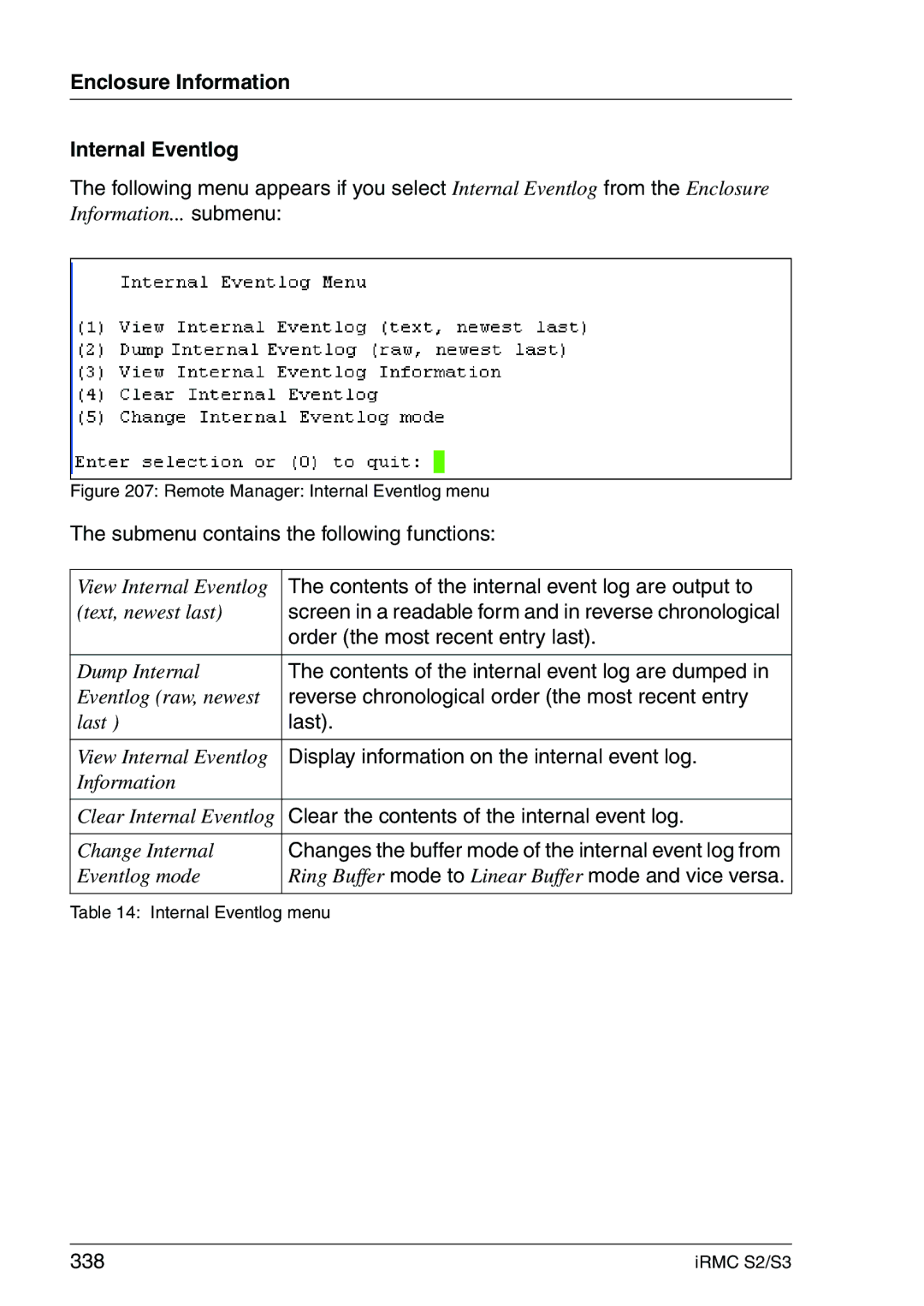 Fujitsu IRMC S2/S3 manual Enclosure Information Internal Eventlog, Clear the contents of the internal event log 