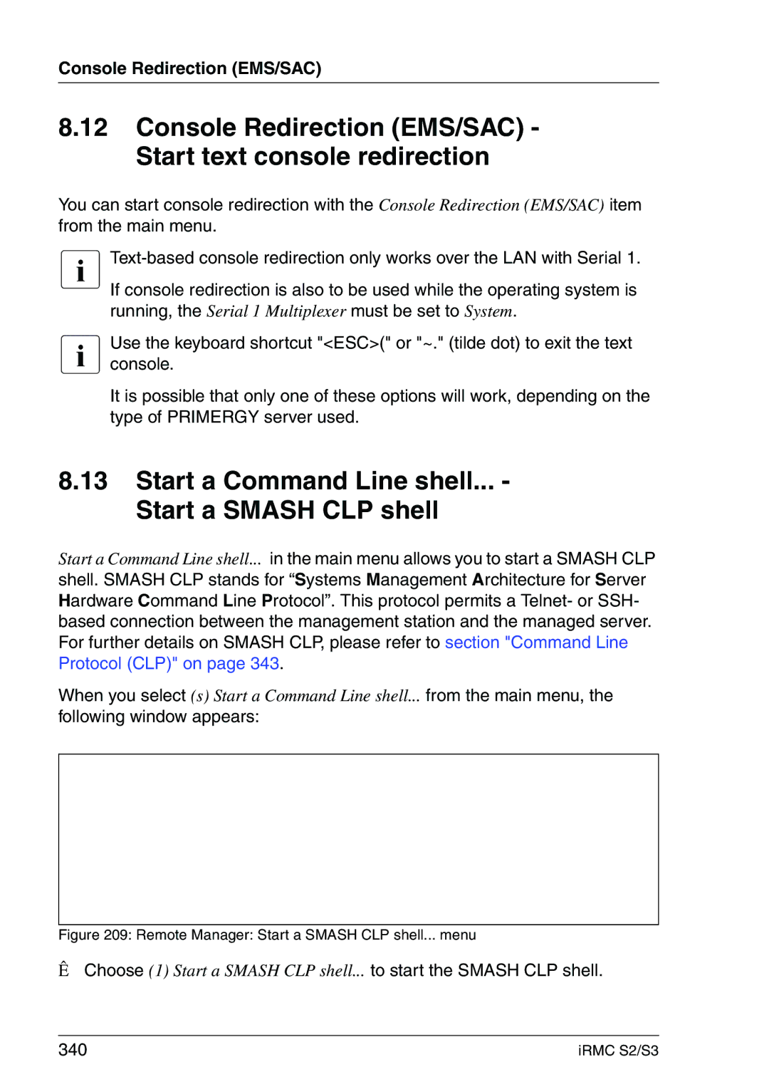 Fujitsu IRMC S2/S3 manual Console Redirection EMS/SAC Start text console redirection 