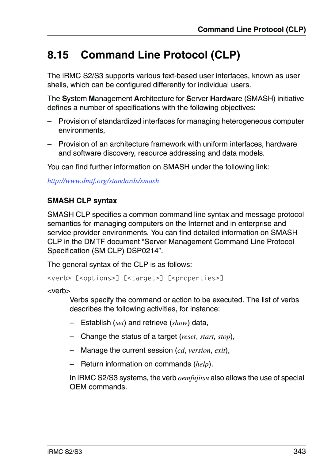 Fujitsu IRMC S2/S3 manual Command Line Protocol CLP, Smash CLP syntax, 343 