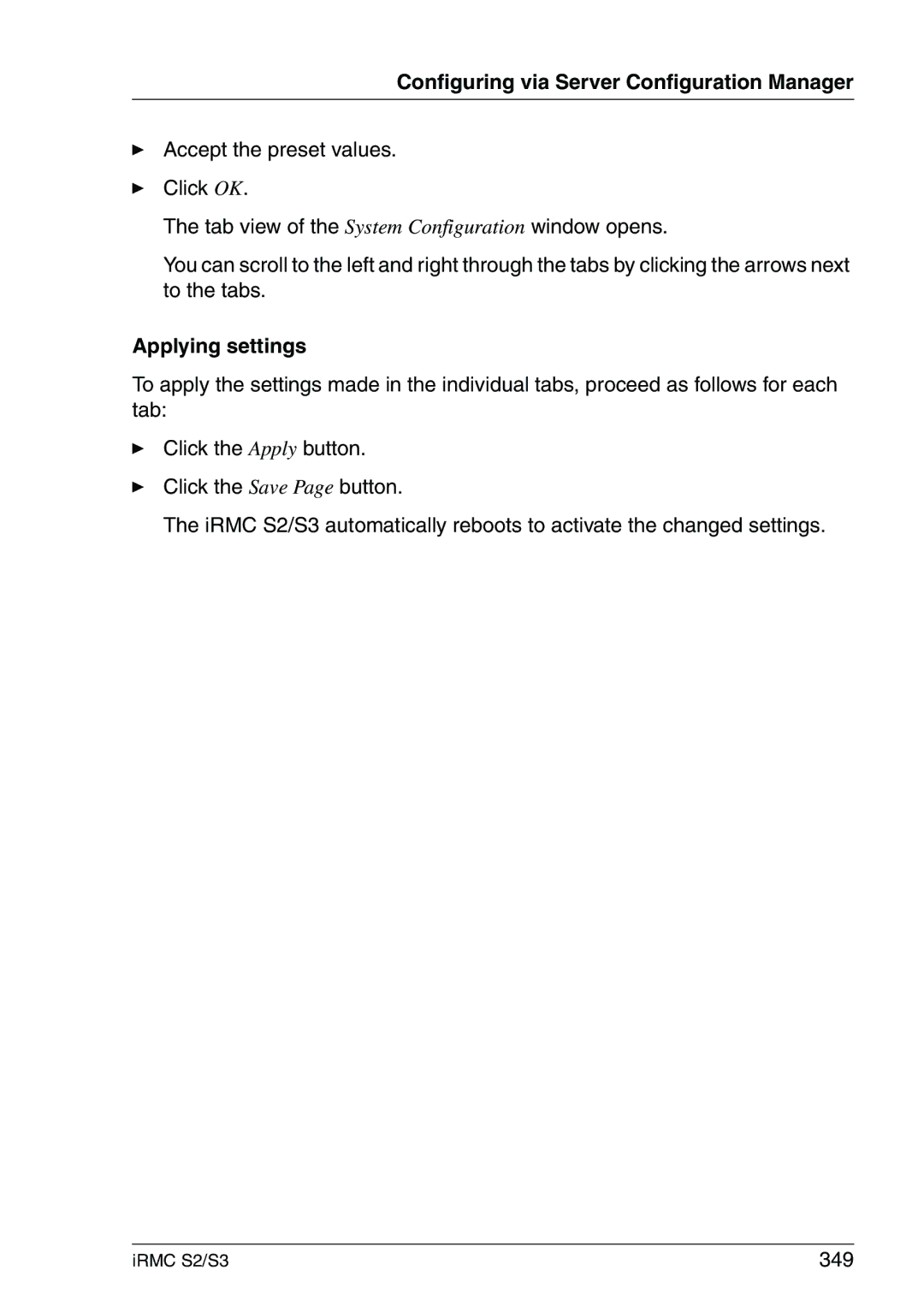 Fujitsu IRMC S2/S3 manual Applying settings, 349 